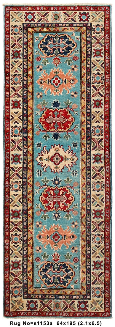 2 x 6 Kazak Azure Allure Handmade Narrow Runner Rug: 2 x 6 Kazak Azure Allure Handmade Narrow Runner Rug Free continental US Shipping Size in Feet: Width: 2.1 x Length: 6.5 Size in Inches: Width: 25 in x Length: 77 in Rug Type: Area Rug Colors: The rug