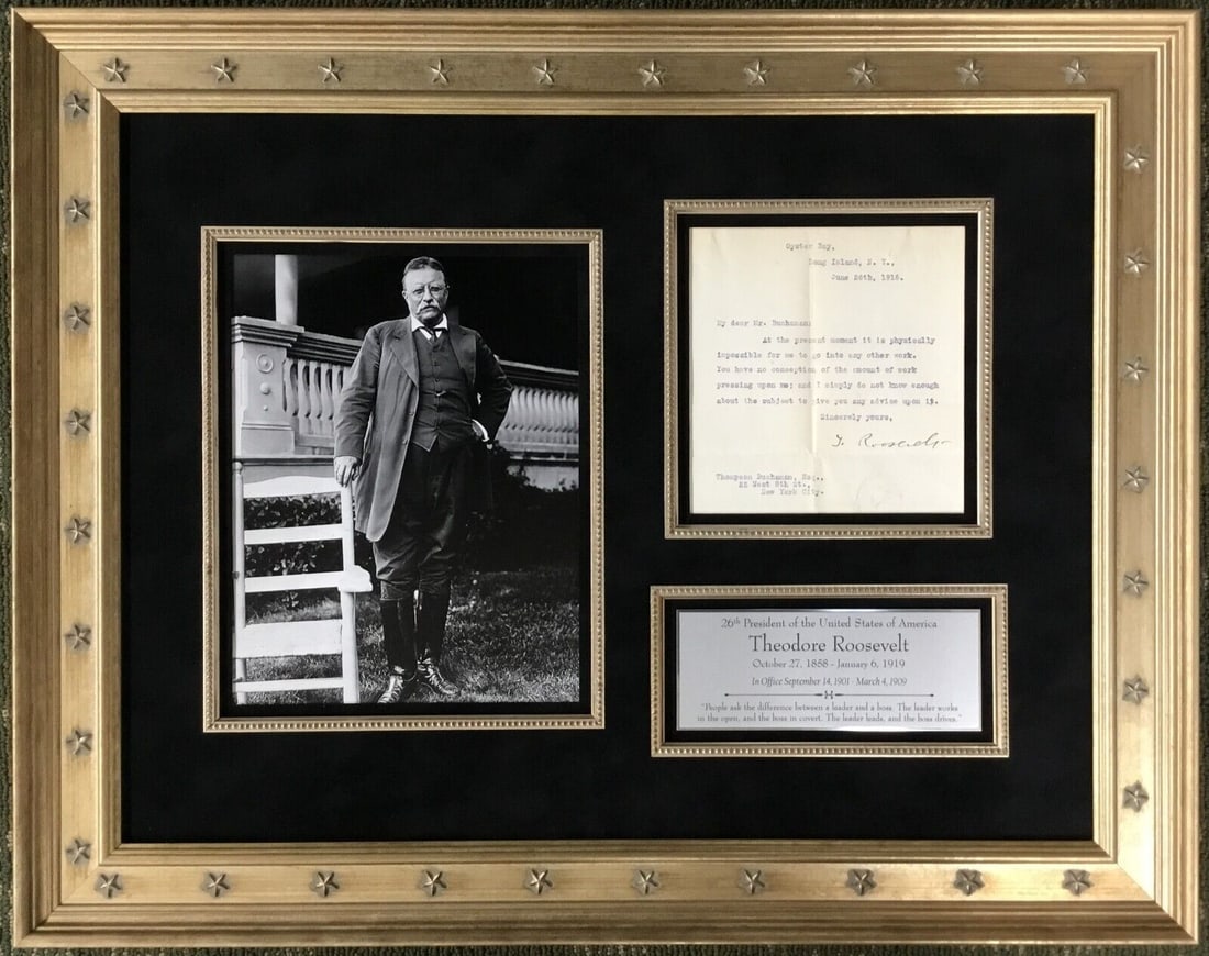 President Theodore Roosevelt Signed Letter Custom Framed JSA LOA: President Theodore Roosevelt Signed Letter Custom Framed JSA LOA Industry: Presidential President: Theodore Roosevelt Signed By: Theodore Roosevelt Signed: Yes Autograph Authentication: James Spence (