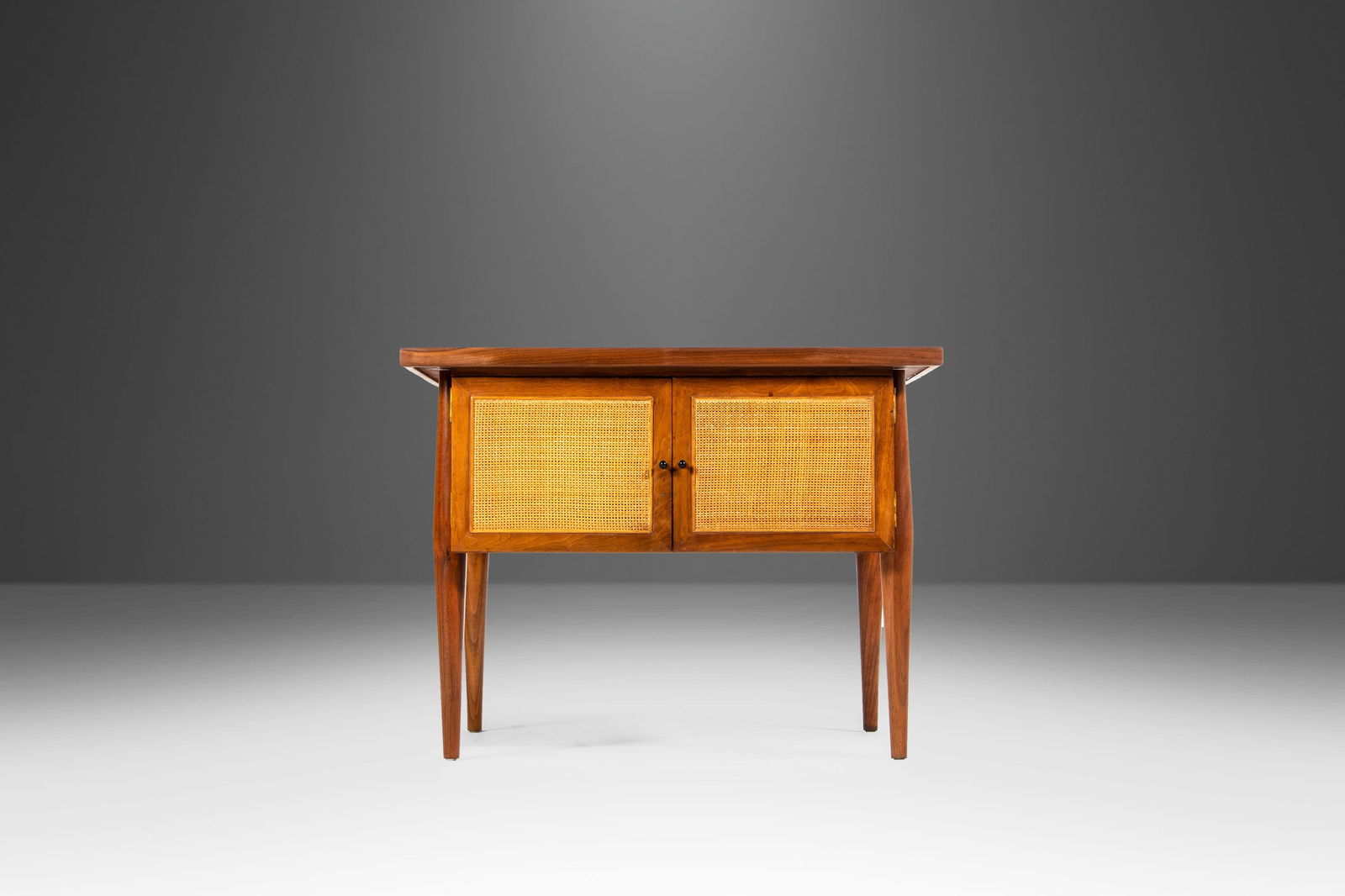 Square End Table / Coffee Table in Cane and Walnut by Jack Cartwright for Founders USA c. 1960s: Square End Table / Coffee Table in Cane and Walnut by Jack Cartwright for Founders USA c. 1960s Square End Table / Coffee Table in Cane and Walnut by Jack Cartwright for Founders USA c. 1960's About: