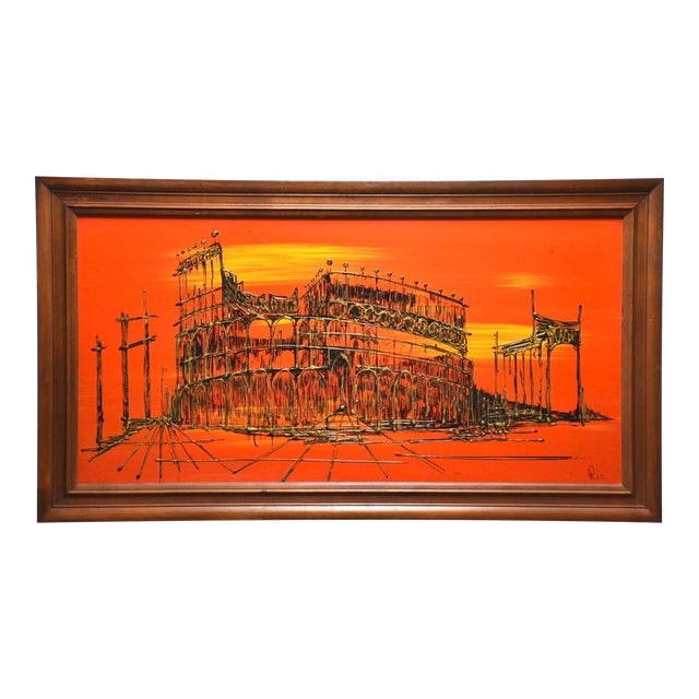 Van Gaard Studio Colosseum Oil Painting Signed Rio: Van Gaard Studio Colosseum Oil Painting Signed Rio A bright framed oil painting of the Greek colosseum using drip paint signed by Rio a student at the Van Gaard. Circa 1960 54" wide 30" tall. Dimensio