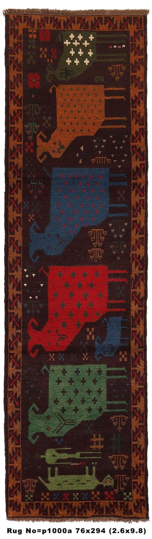 10 Feet Afghan Tribal Pictorial Primitive Animal Runner Rug Handmade Wool: 10 Feet Afghan Tribal Pictorial Primitive Animal Runner Rug Handmade Wool Free continental US Shipping Size in Feet: Width: 2.6 x Length: 9.8 Size in Inches: Width: 30 in x Length: 116 in Rug Type: Ar