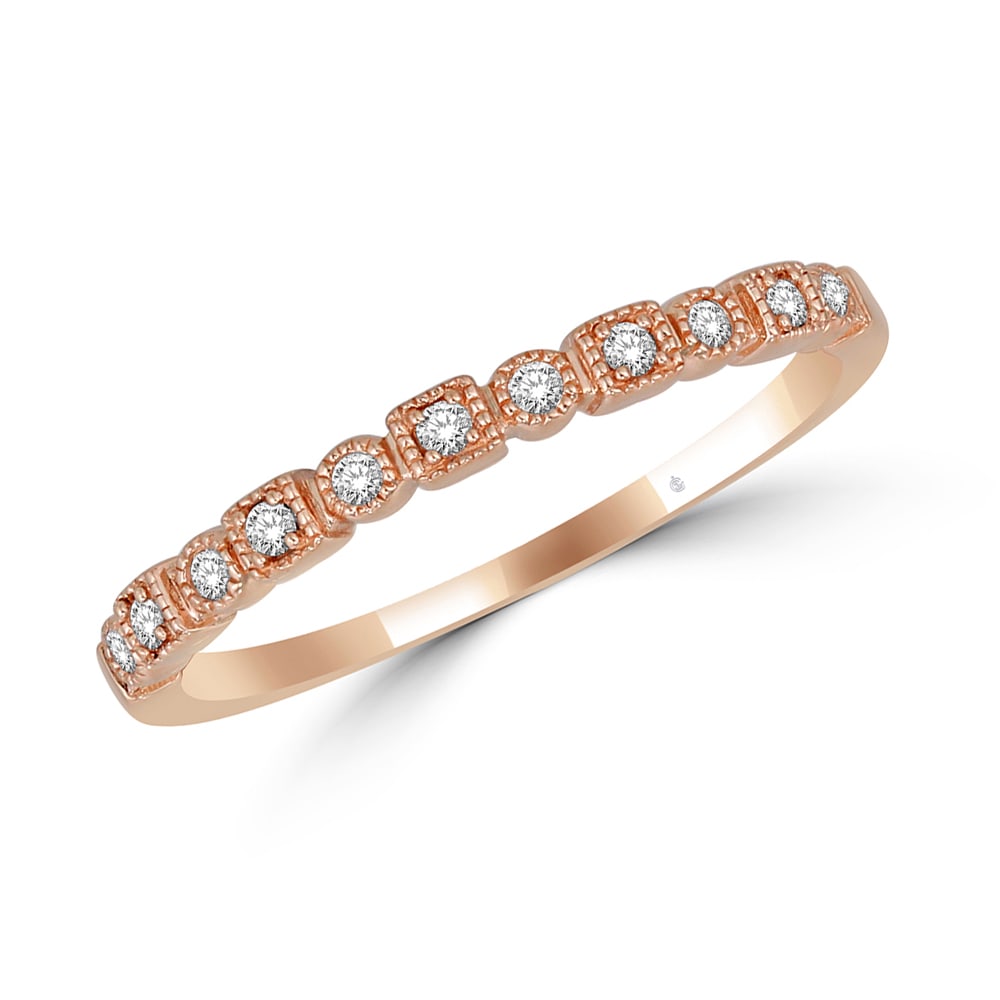 14K Rose Gold 1/10 Ct.Tw. Diamond Stackable Band: 14K Rose Gold 1/10 Ct.Tw. Diamond Stackable Band This Glamorous Stackable Band Fashioned In Cool 14K Rose Gold And Outline With Milgrain Frame. Captivating With 1/10 Ct. T.W. Of Diamonds And A Brillia