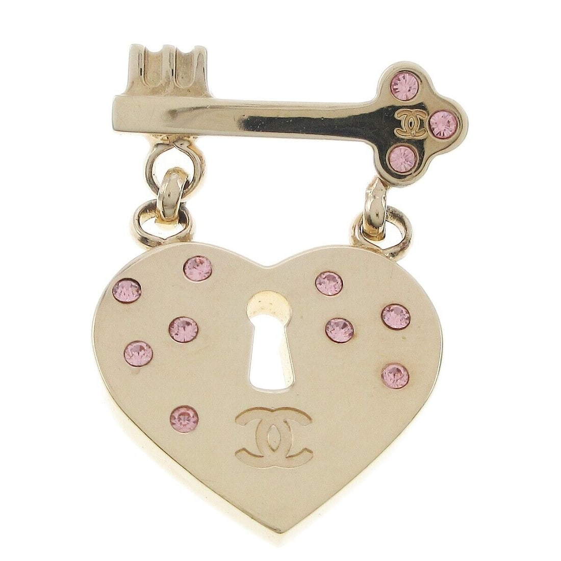 Chanel Heart Brooch Pin Rhinestone Gold 02P: Chanel Heart Brooch Pin Rhinestone Gold 02P Type: Brooch Color: Gold Material: Gold-plated Item Length: 1 in Outside Condition: B: Reasonable Wear and Tear/Inside Condition: C: Heavily Used The BIDHAU