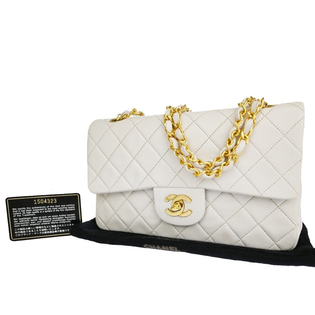 Chanel Double flap: Chanel Double flap Brand: Chanel Model: Double flap Color: White Material: Leather Dimensions: W 23 x H 14 x D 6 cm Comments: This CHANEL Matelasse 23 Double Flap Shoulder Bag is a sophisticated acces