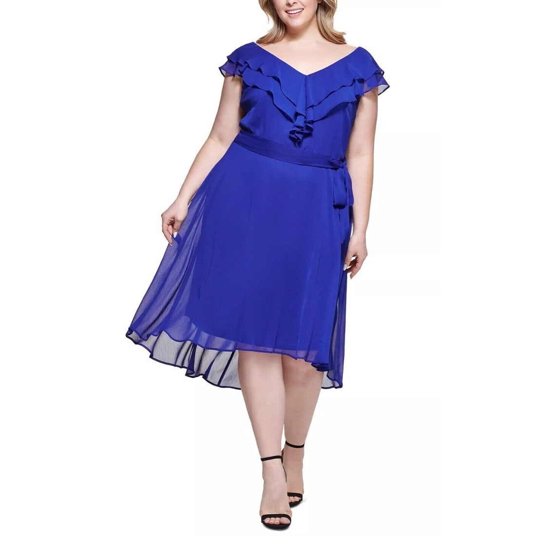 DKNY Plus Size Ruffled High Low Dress Berry Blue: DKNY Plus Size Ruffled High Low Dress Berry Blue Size Type: Plus Character: Blue Size: 14W Color: Red Style: Fit & Flare Accents: Ruffle Dress Length: Midi Pre-Owned The BIDHAUS Guarantee: All items i