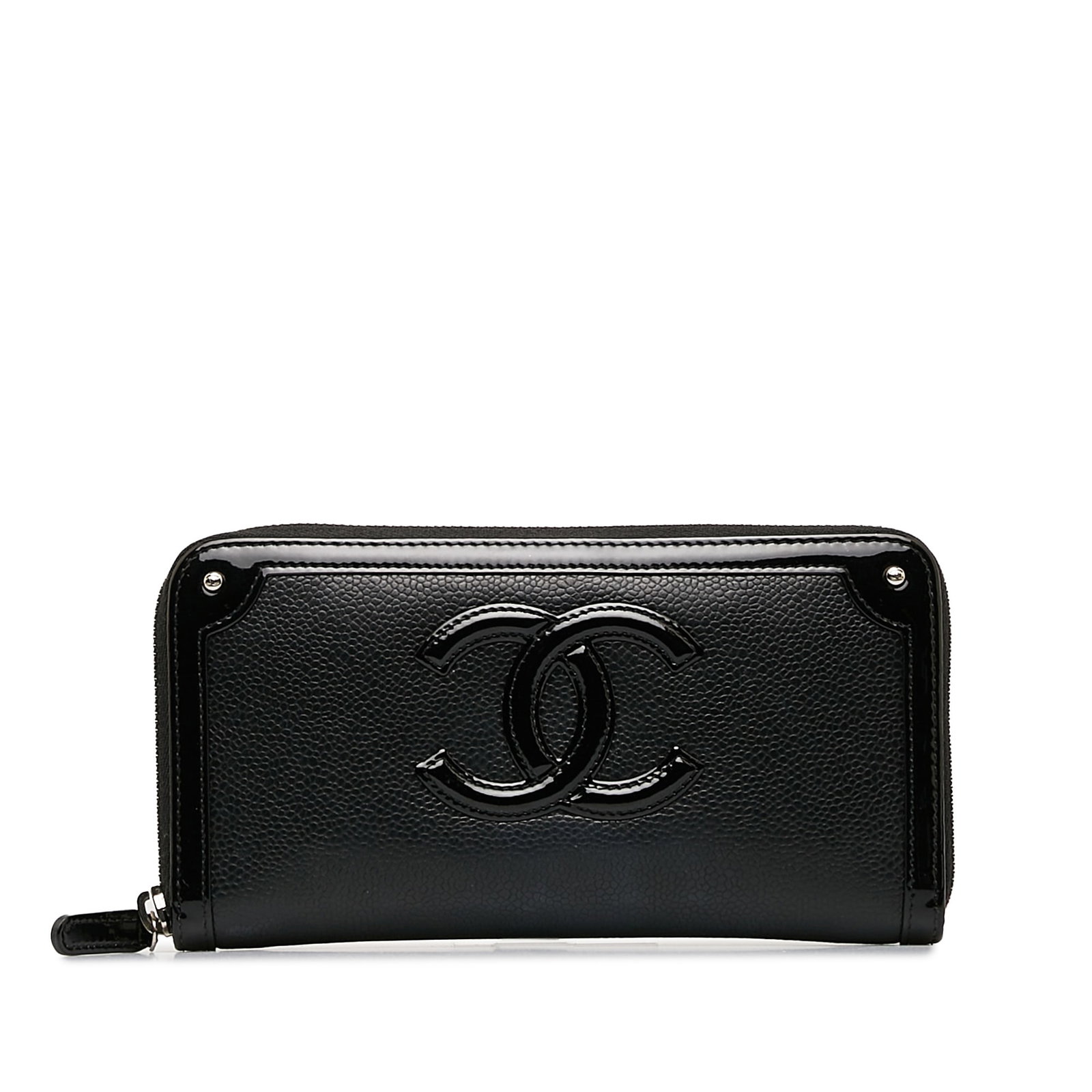 Chanel CC Caviar Leather Zip Around Long Wallet: Chanel CC Caviar Leather Zip Around Long Wallet This wallet features a caviar leather body with patent leather trim a zip-around closure and interior slip pockets. Brand: Chanel Model: CC Caviar Leath