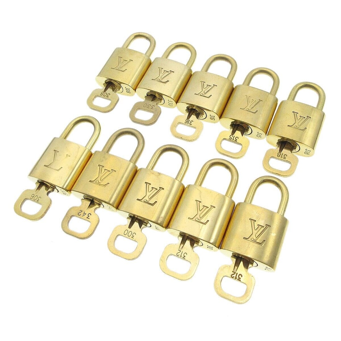 LOUIS VUITTON Padlock & Key Bag Accessories Charm 10 Piece Set Gold: LOUIS VUITTON Padlock & Key Bag Accessories Charm 10 Piece Set Gold Type: Padlock Color: Gold Outside Condition: C: Heavily Used/Inside Condition: C: Heavily Used The BIDHAUS Guarantee: All items in t