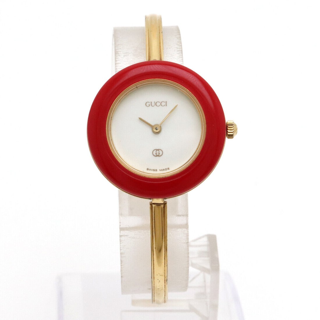 GUCCI Change Bezel 1100-L Ladies Watch: GUCCI Change Bezel 1100-L Ladies Watch Type: wristwatch Product Details case size W26mm (excluding crown) H26mm bracelet size 16.5cm Material GP movement Quartz/QZ/Battery operated dial white Model nu