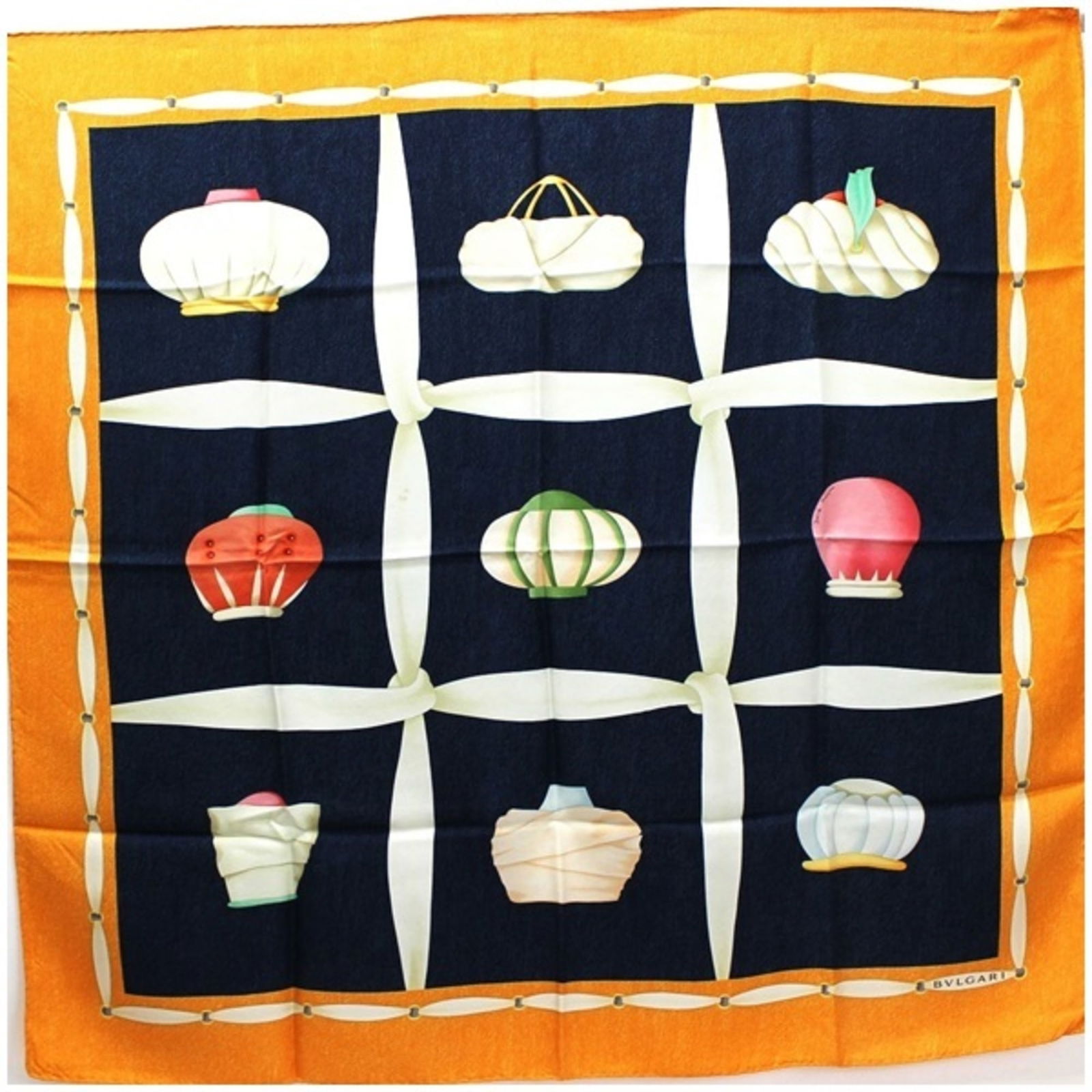 Bvlgari scarf muffler silk navy x orange BVLGARI women's: Bvlgari scarf muffler silk navy x orange BVLGARI women's Brand: Bvlgari Type: Scarf Gender: Women Color: Navy Orange Material: Silk Silk: Size (LxW): 86cm x 82cm / 33.85 x 32.28 Condition: Used (very