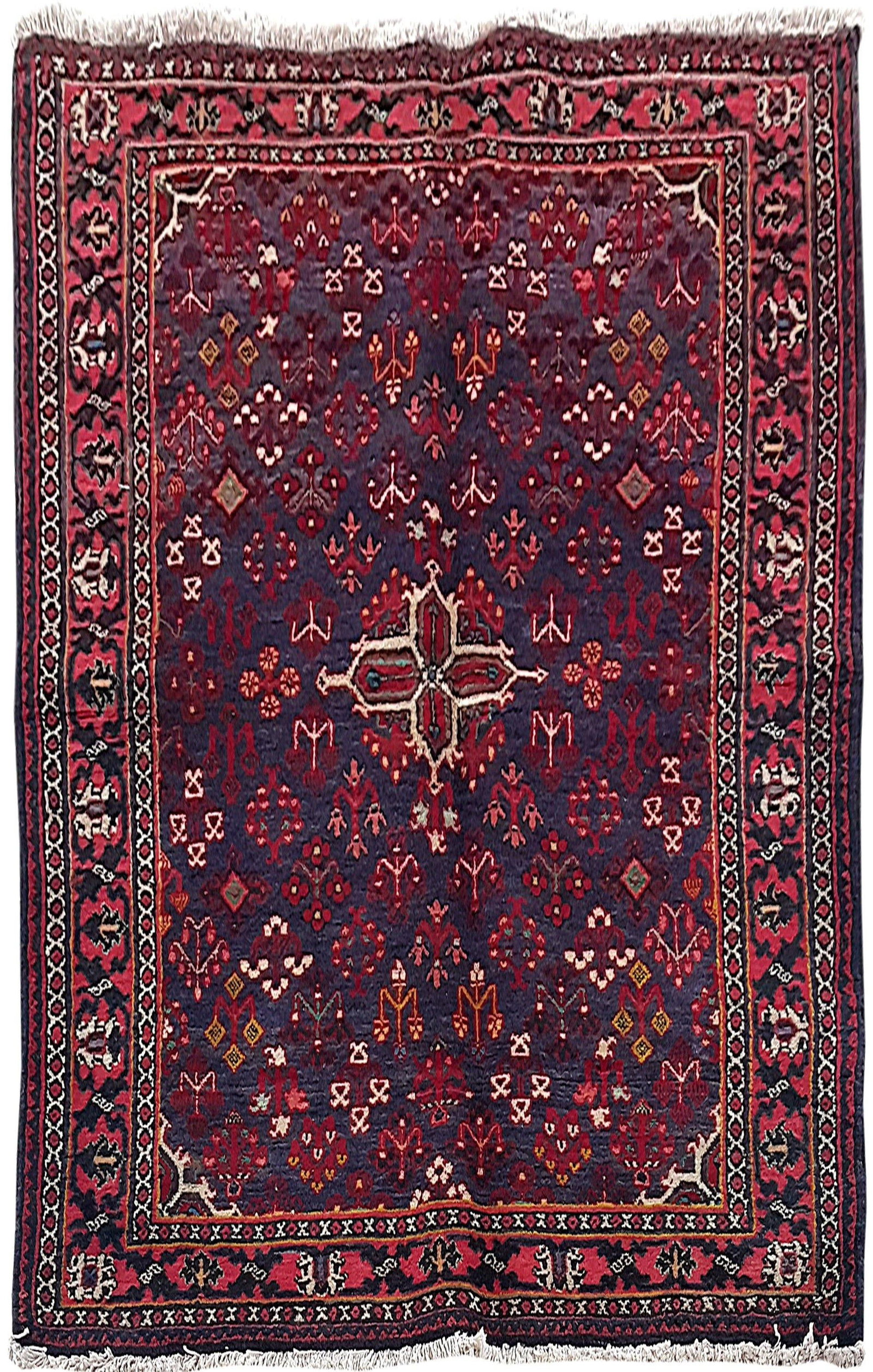 4 x 7 Navy Blue Josheghan Persian Hamadan Rug: 4 x 7 Navy Blue Josheghan Persian Hamadan Rug Free continental US Shipping Size in Feet: Width: 4 x Length: 7 Size in Inches: Width: 48 in x Length: 84 in Colors: Navy Blue Red Ivory Weave: 100% Handm