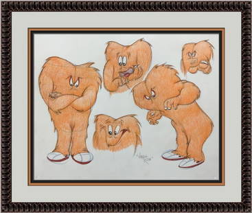 Virgil Ross Original Signed Model Sheet Drawing Gossamer Custom Framed: Virgil Ross Original Signed Model Sheet Drawing Gossamer Custom Framed Animation Studio: Warner Bros Signed By: Virgil Ross Character: Tweety Tradition: Western Animation Signed: Yes Title: Looney