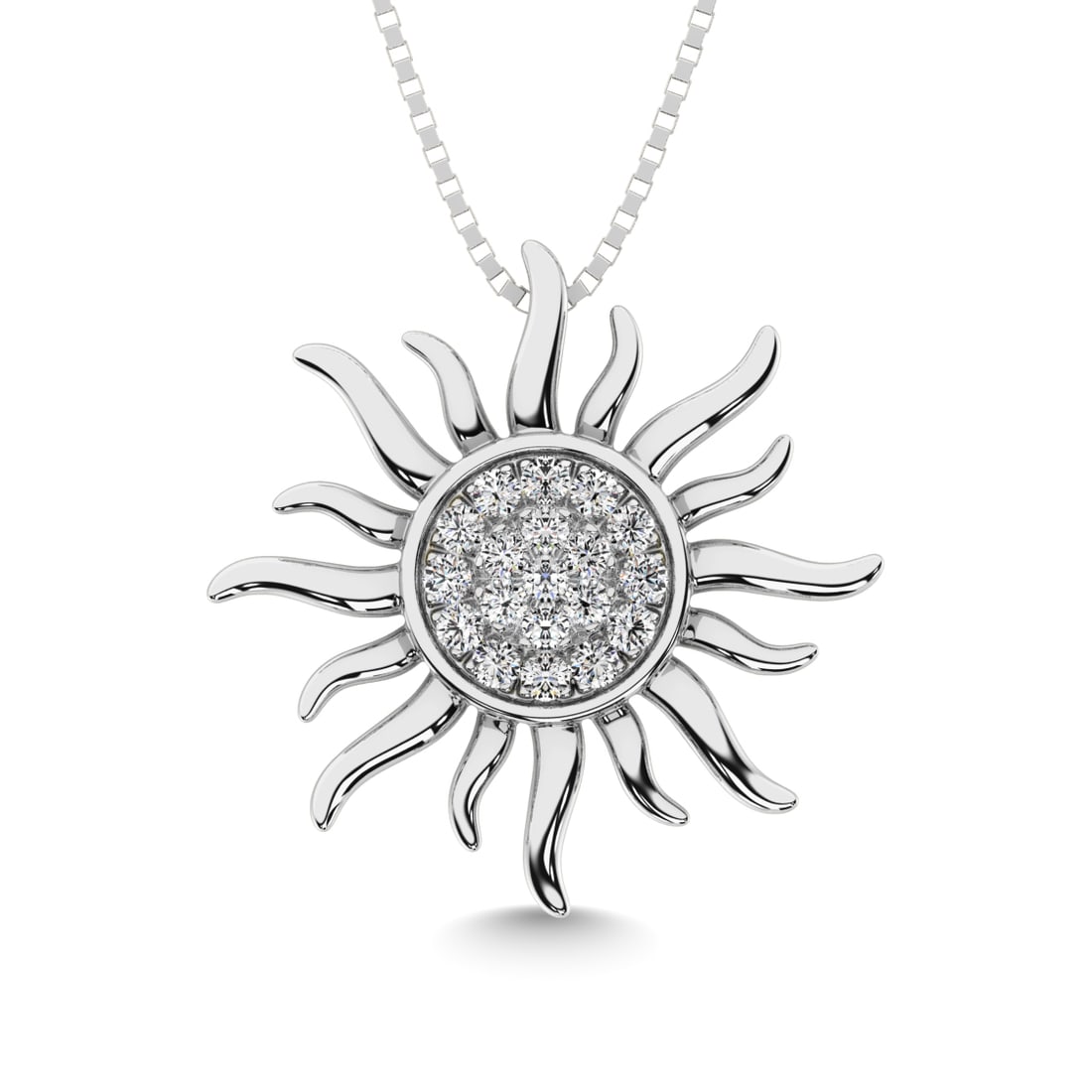 10K White Gold 1/10 Ct.Tw.Diamond Sun Pendant: 10K White Gold 1/10 Ct.Tw.Diamond Sun Pendant This glamorous pendant is available in 10K White Gold. There are 19 round diamonds with a total carat weight of 1/10ct set in a micro prong setting. Metal