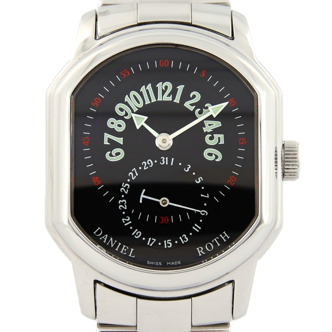 DANIEL ROTH Premiere Retrograde Date 807.L.10 SS Automatic: DANIEL ROTH Premiere Retrograde Date 807.L.10 SS Automatic Color: Dial Colors: Black arabic Material: Case: SST Bracelet: SST Size: Case diameter: 35x46mm Max Wrist size: 19.5cm Accessories: Genuine B