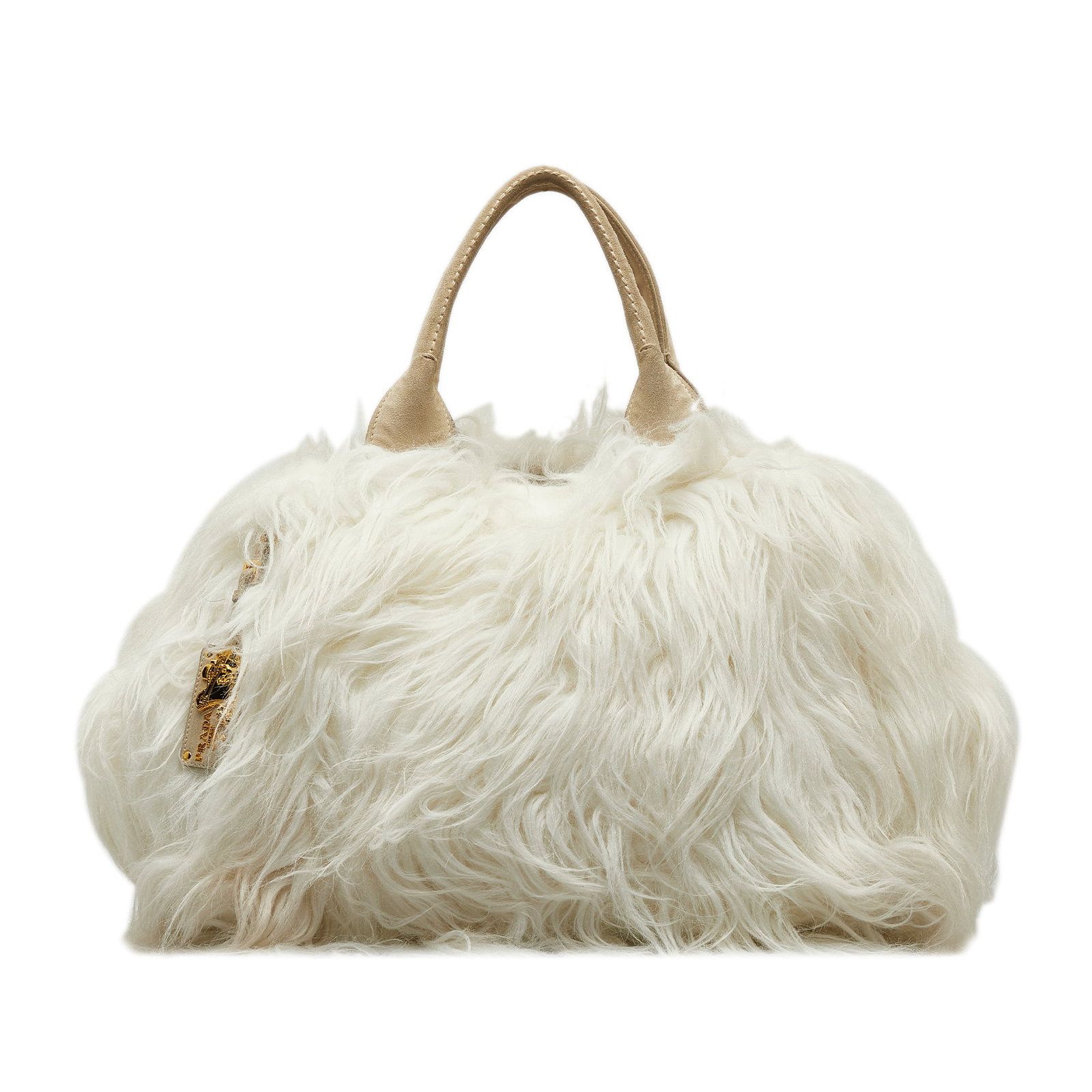 Prada Eco Kidassia Faux Fur Garden Handbag: Prada Eco Kidassia Faux Fur Garden Handbag This handbag features a faux fur body with leather trim rolled leather handles a top snap closure and interior zip and slip pockets. Brand: Prada Model: Eco 