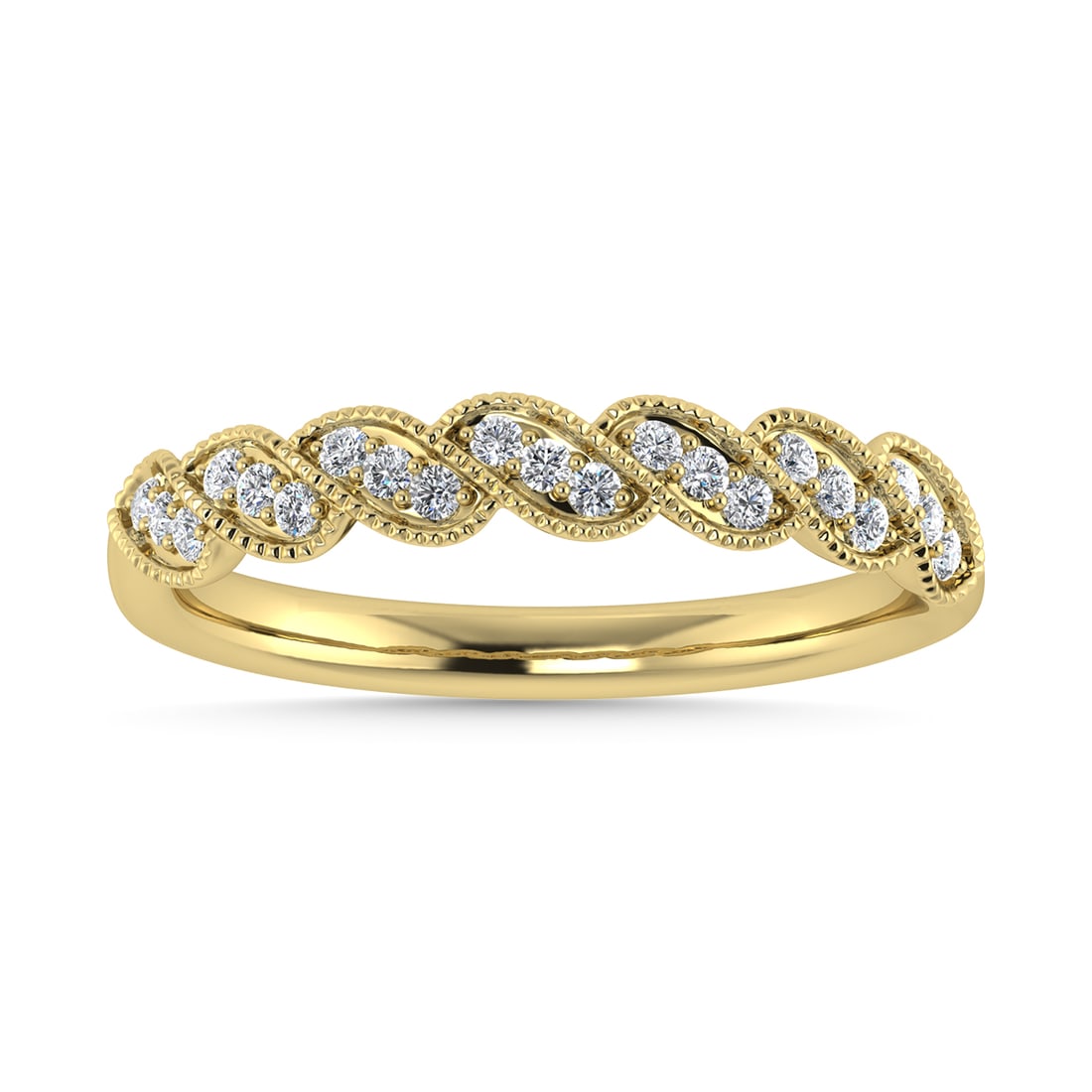 Diamond 1/6 Ct.Tw. Stack Band in 10K Yellow Gold: Diamond 1/6 Ct.Tw. Stack Band in 10K Yellow Gold Metal: 10k Yellow Gold Sizes Avilable: 4,5,6,7,8,9 Stone Count: 21.0 Stone Shape: Round Stone Type: Diamond Stone Color: G-h Stone Clarity: I1 Stone We