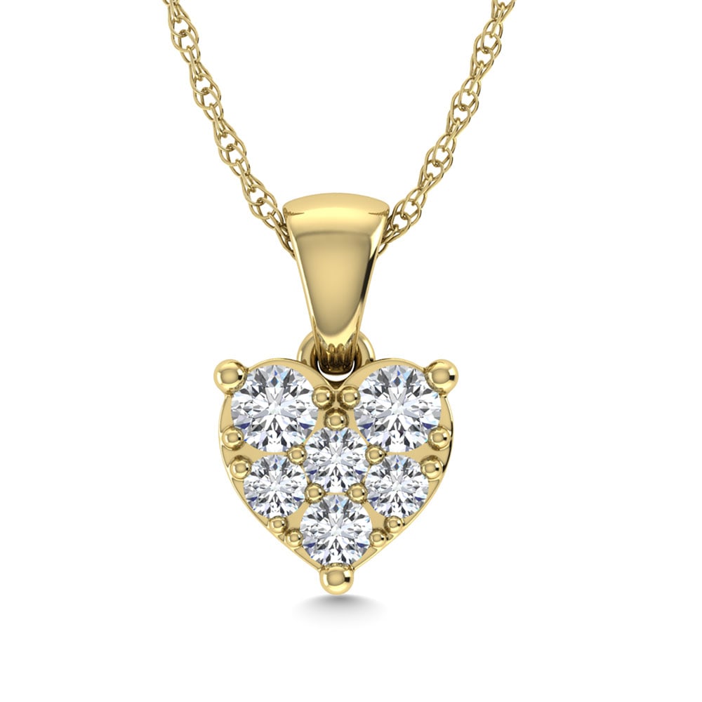 Diamond 1/6 Ct.Tw. Heart Pendant in 10K Yellow Gold: Diamond 1/6 Ct.Tw. Heart Pendant in 10K Yellow Gold Metal: 10k Yellow Gold Stone Count: 6.0 Stone Shape: Round Stone Type: Diamond Stone Color: G-h Stone Clarity: I1 Stone Weight (Carat): 0.14 The BID