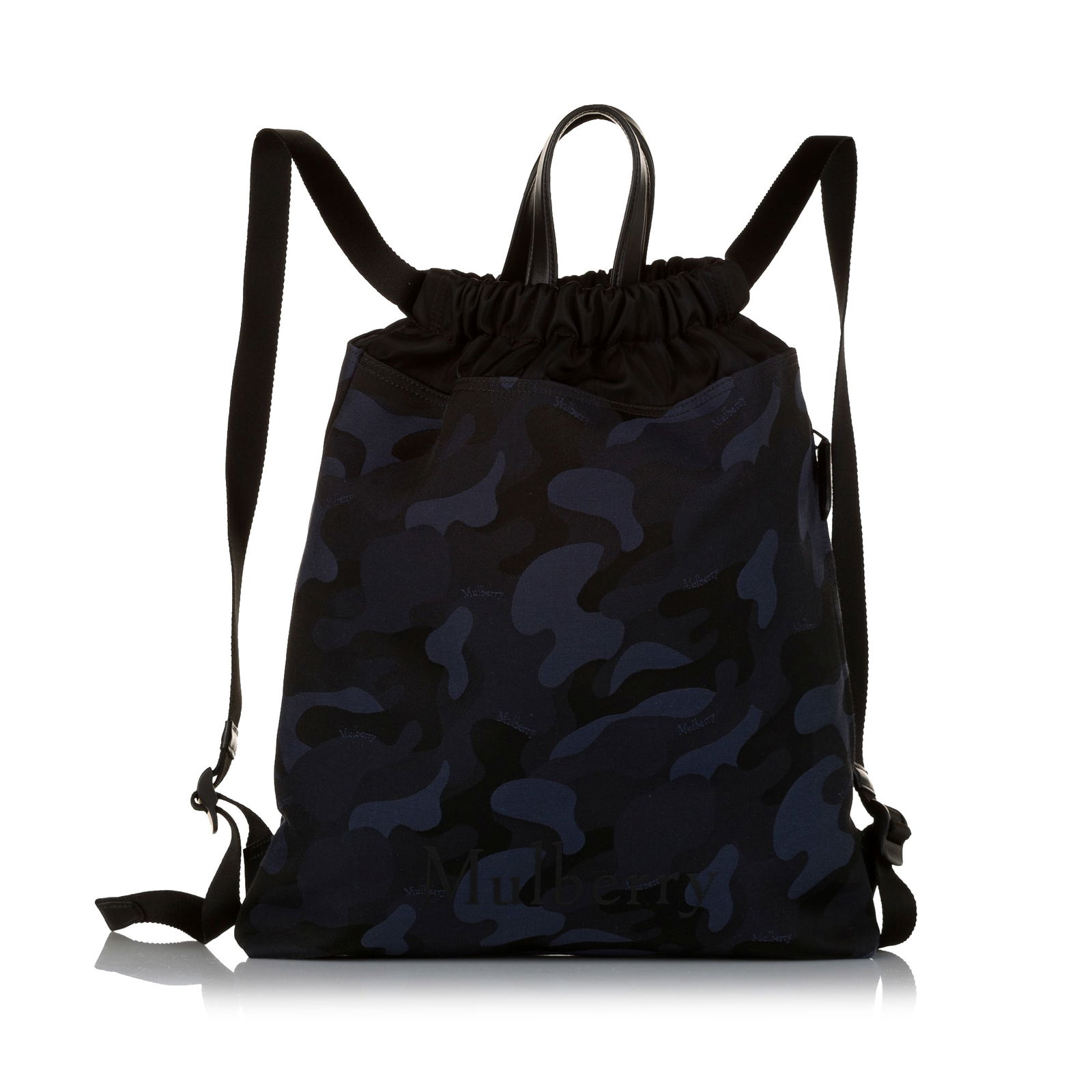 Mulberry Camouflage Nylon Backpack: Mulberry Camouflage Nylon Backpack This backpack features a nylon body flat straps top leather handles and a drawstring closure. Brand: Mulberry Model: Camouflage Nylon Backpack Origin: China Category