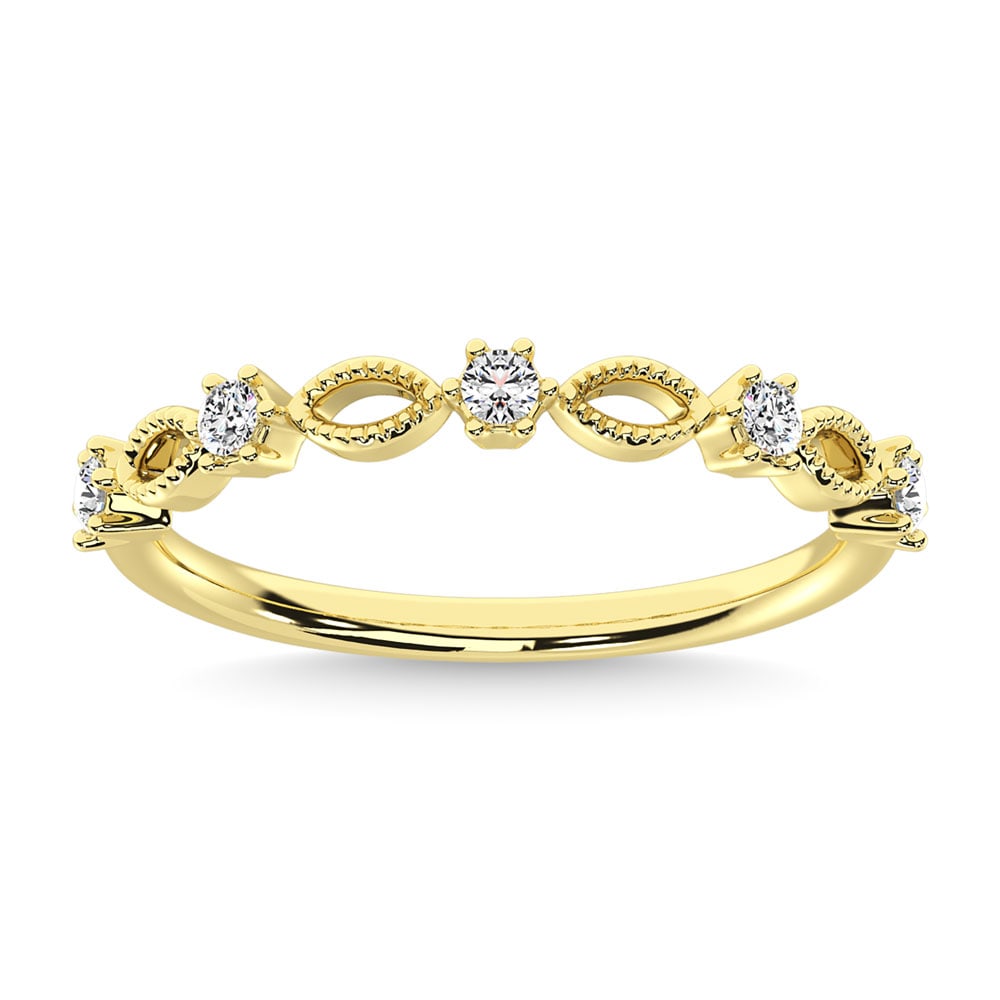 Diamond 1/5 Ct.Tw. Stack Band in 14K Yellow Gold: Diamond 1/5 Ct.Tw. Stack Band in 14K Yellow Gold Metal: 14k Yellow Gold Sizes Avilable: 4,5,6,7,8,9 Stone Count: 5.0 Stone Shape: Round Stone Type: Diamond Stone Color: G-h Stone Clarity: Si3 Stone We