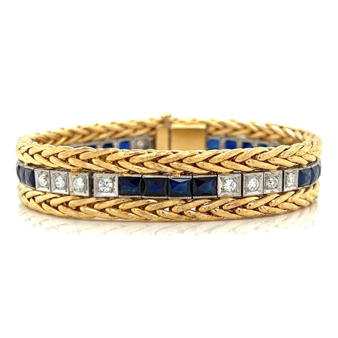 Vintage 14K Yellow Gold & Platinum Diamond and Synthetic Sapphire Bracelet: Vintage 14K Yellow Gold & Platinum Diamond and Synthetic Sapphire Bracelet Stone Type: Diamonds Other Gemstones Metal Type: 14K Metal Color: Yellow Other: Vintage Appraisal Price: $14200 Comments: Vin