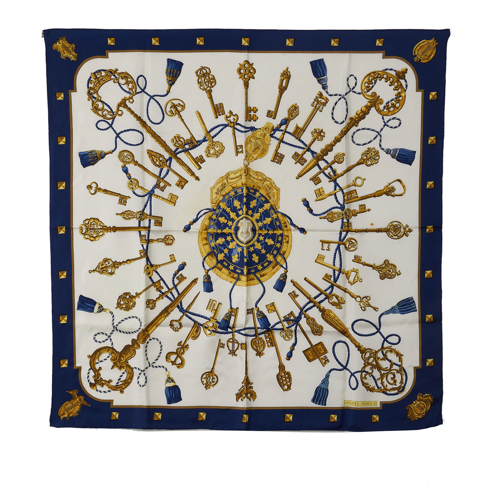 Hermes Les Cles Silk Scarf: Hermes Les Cles Silk Scarf The Les Cles Scarf features a print on 100% silk. Brand: Hermes Model: Les Cles Silk Scarf Origin: France Category: Accessories Color: White Style: Material: Fabric Conditio