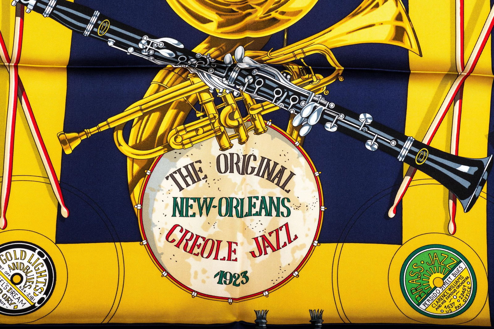 New Hermes Navy Orleans Silk Scarf: New Hermes Navy Orleans Silk Scarf Designer: Hermes Brand: Hermes Dimensions: Height: 35 in (88.9 cm)Length: 35 in (88.9 cm) Place of Origin: France Period: 21st Century Pre-Owned The BIDHAUS Guarante