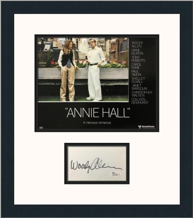 Woody Allen Annie Hall Signed Custom Framed Photo Display JSA COA: Woody Allen Annie Hall Signed Custom Framed Photo Display JSA COA Industry: Movies Movie: Annie Hall Signed By: Woody Allen Signed: Yes Size: 14 x 16 Autograph Authentication: James Spence (JSA) Objec