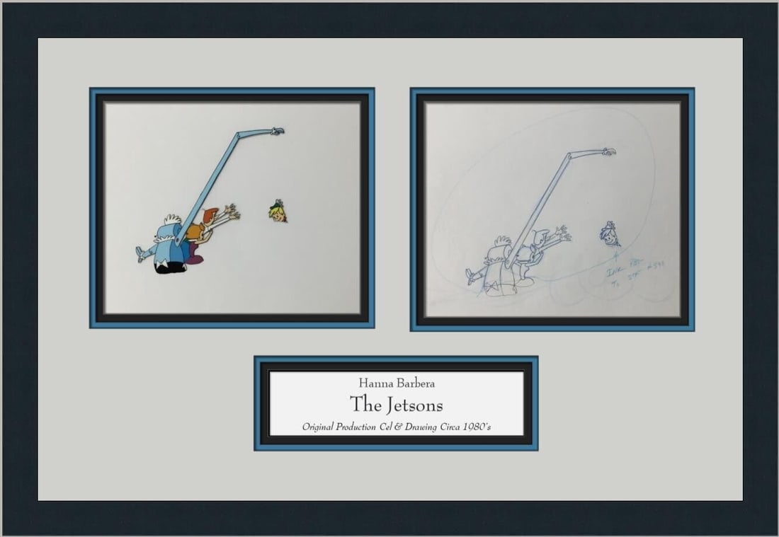 The Jetsons Hand Painted Animation Production Cel Custom Framed B: The Jetsons Hand Painted Animation Production Cel Custom Framed B Animation Studio: Hanna-Barbera Signed By: not signed Character: George Jetson Jane Jetson Rosie Tradition: Western Animation Signed: 