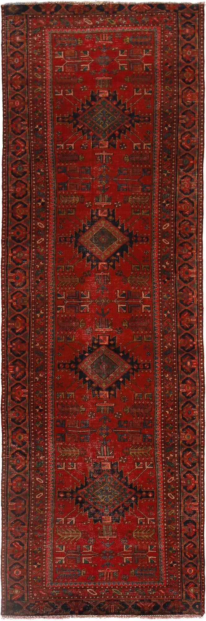 3 x 11 Traditional Sherazi Runner Rug: 3 x 11 Traditional Sherazi Runner Rug Free continental US Shipping Size in Feet: Width: 3.33 x Length: 10.83 Size in Inches: Width: 40 in x Length: 130 in Colors: Red Weave: Hand-knotted Material: Woo
