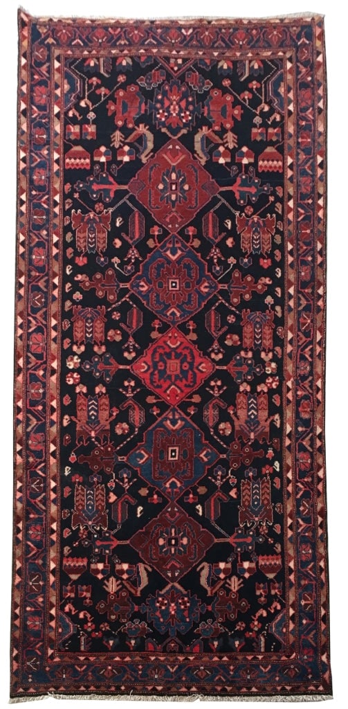 4 x 10 Dark Blue Persian Hamadan Rug: 4 x 10 Dark Blue Persian Hamadan Rug Free continental US Shipping Size in Feet: Width: 4 x Length: 10 Size in Inches: Width: 48 in x Length: 120 in Colors: Black Weave: 100% Handmade Pile: 3/8 Wool St