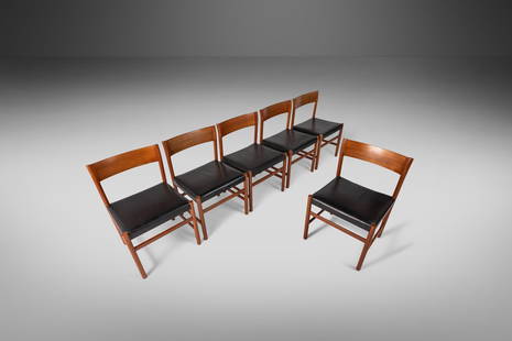 Rare Set of Six (6) Model 9 Dining Chairs by Arne Halvorsen for L. Jacobsen Mobelsnekkeri in Teak: Rare Set of Six (6) Model 9 Dining Chairs by Arne Halvorsen for L. Jacobsen Mobelsnekkeri in Teak and Patinaed Leather Norway c. 1960s Rare Set of Six (6) 'Model 9' Dining Chairs by Arne