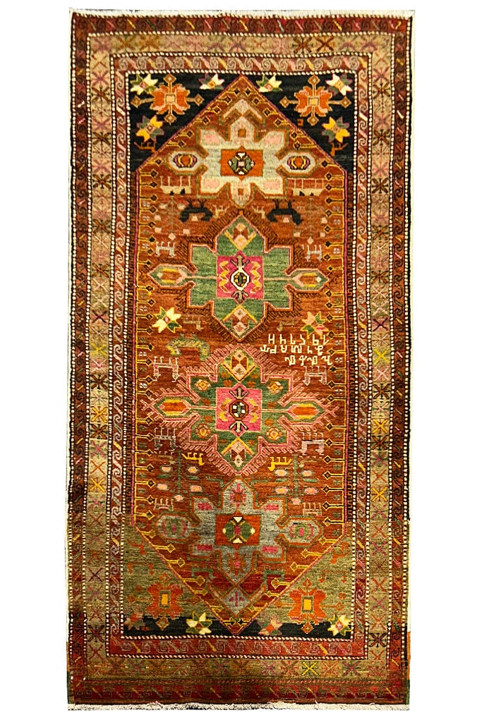 4 x 9 Old Caucasion Azarbayjan Runner Kazak Rug SIGNED DATED: 4 x 9 Old Caucasion Azarbayjan Runner Kazak Rug SIGNED DATED Free continental US Shipping Size in Feet: Width: 4 x Length: 9 Size in Inches: Width: 48 in x Length: 108 in Colors: Coral Green Orange We
