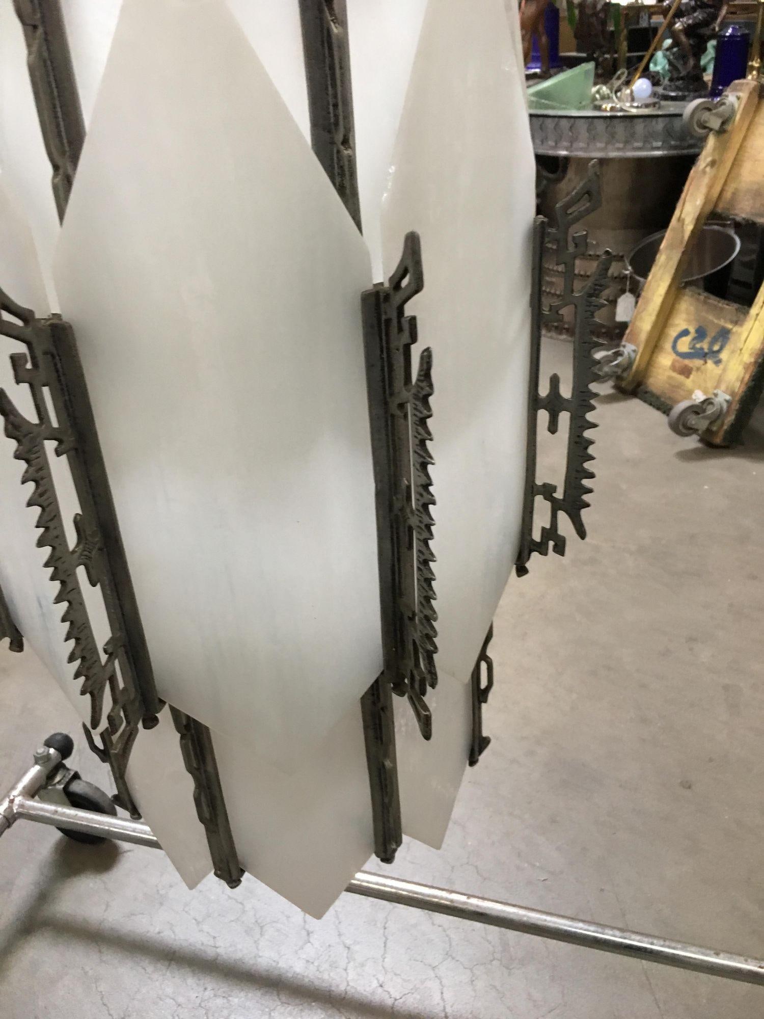 Art Deco White Slat Glass Hanging Chandelier with Geometric Details: Art Deco White Slat Glass Hanging Chandelier with Geometric Details Dimensions: Height: 38 in (96.52 cm)Diameter: 18 in (45.72 cm) Materials and Techniques: Glass Metal Place of Origin: United States 