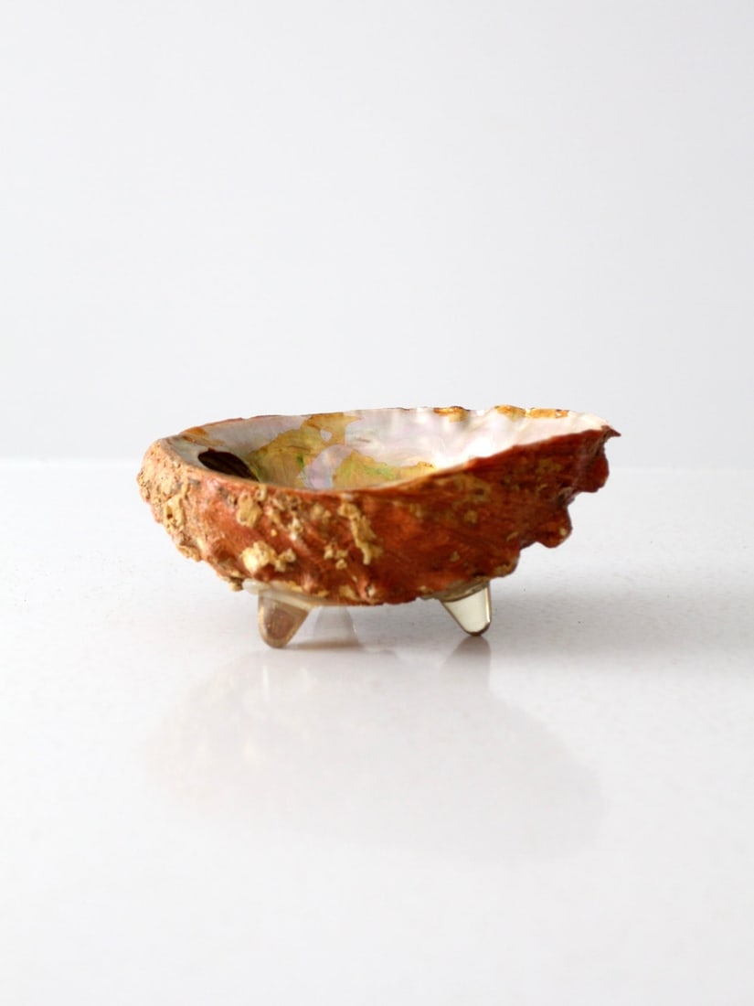 Mid-Century Footed Abalone Shell Bowl: Mid-Century Footed Abalone Shell Bowl This is a mid-century abalone shell footed bowl. The natural beach shell features three clear resin feet. Length 7.5 inch 19.1 cm Width 6 inch 15.2 cm Height 3.25