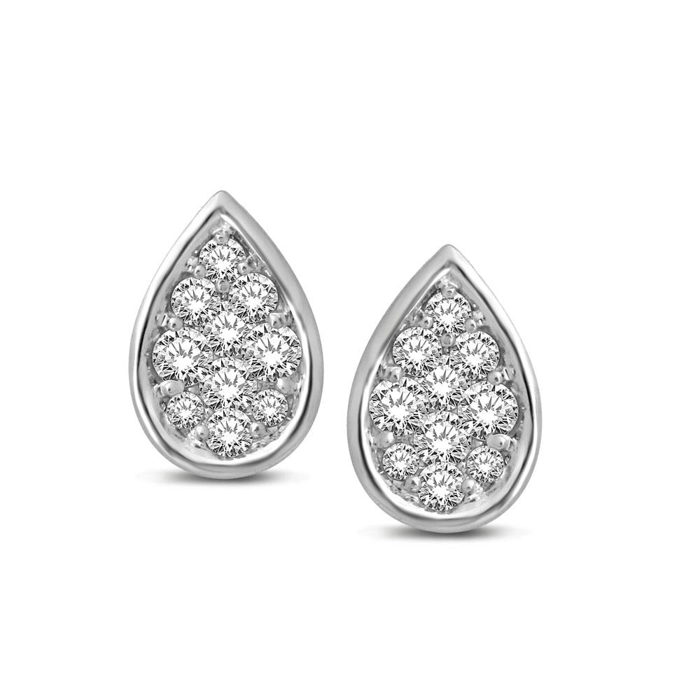 14K White Gold 1/5 Ctw Diamond Pear Shape Flower Earrings: 14K White Gold 1/5 Ctw Diamond Pear Shape Flower Earrings These amazing earrings are available in 14K White Gold. There are 20 round diamonds with a total carat weight of 1/5 ct set in a invisible / s
