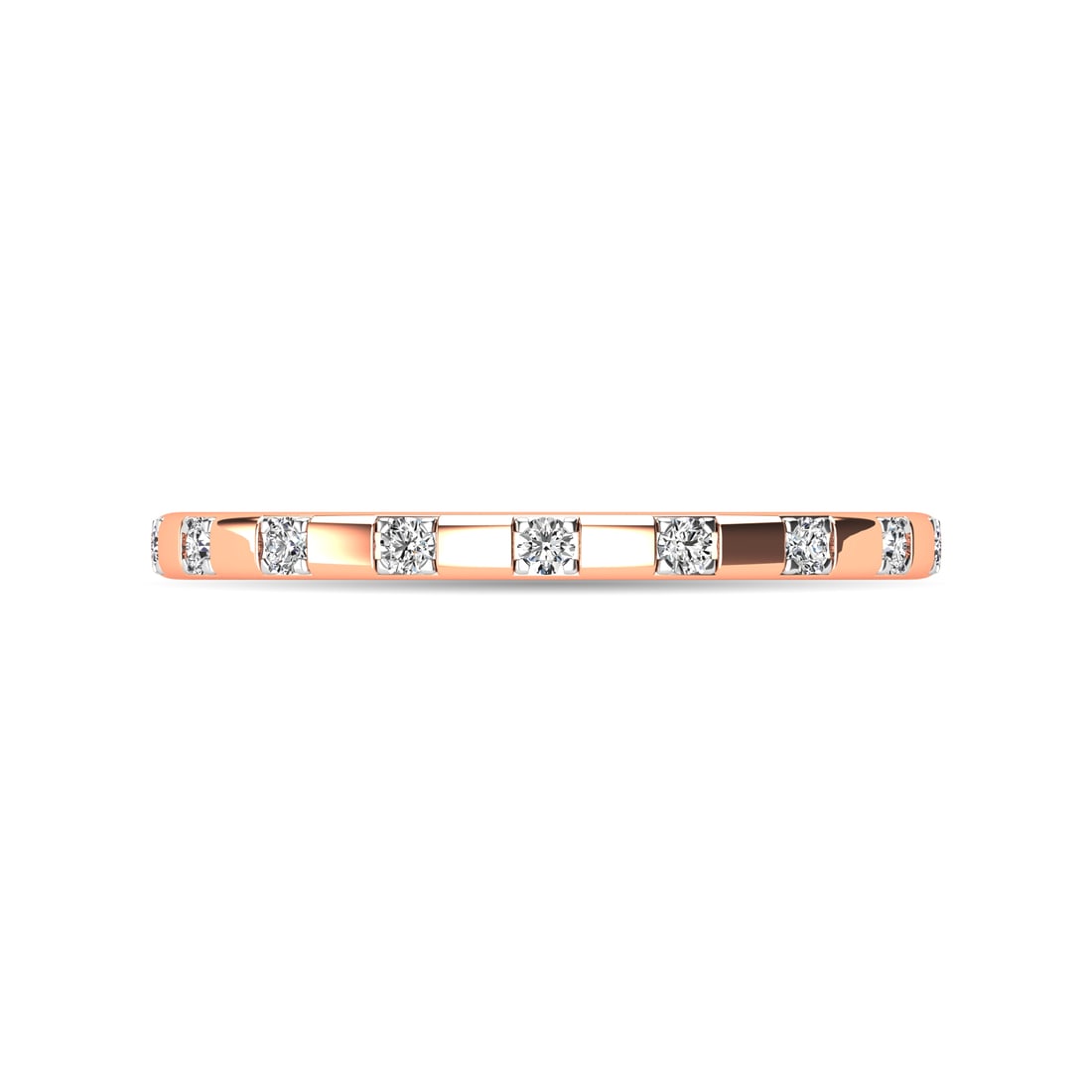 Diamond 1/10 ct tw Stackable Ring in 10K Rose Gold: Diamond 1/10 ct tw Stackable Ring in 10K Rose Gold Metal: 10k Rose Gold Sizes Avilable: 4,5,6,7,8,9 Stone Count: 9.0 Stone Shape: Round Stone Type: Diamond Stone Color: G-h Stone Clarity: I2 Stone Wei