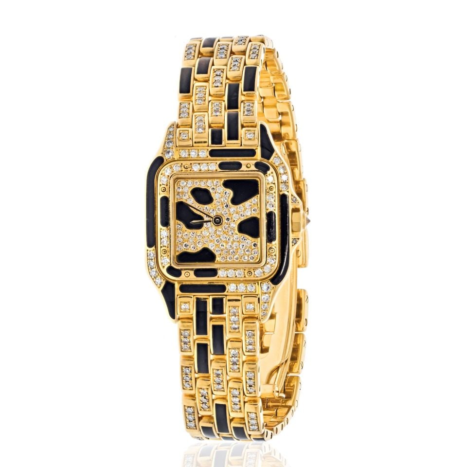 Cartier 18K Yellow Gold Panthere Maillon Black Lacquer Diamond Ladies Watch: Cartier 18K Yellow Gold Panthere Maillon Black Lacquer Diamond Ladies Watch Type: Vintage Watches Metal: 18K Yellow Gold Grams: 66.5 Condition: Excellent. Signed By: Cartier Brand: Cartier Other Detai