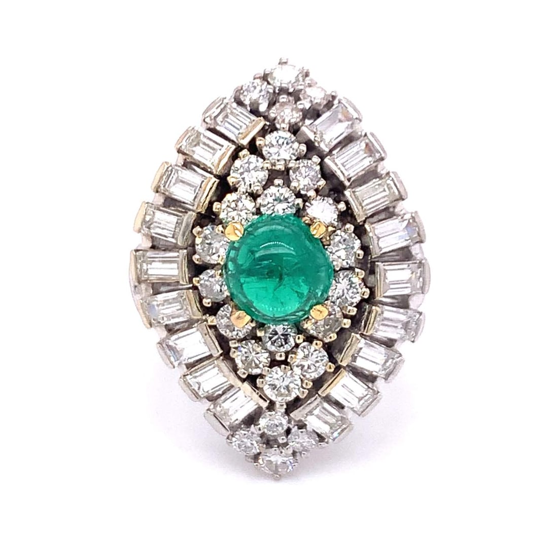 Emerald and Diamond Cocktail Ring: Emerald and Diamond Cocktail Ring Stone Type: Diamonds Emeralds Metal Type: 18K Metal Color: Yellow Appraisal Price: $8700 Comments: Emerald and Diamond Cocktail Ring Mounted with a 1.50 Ct.* Cabochon