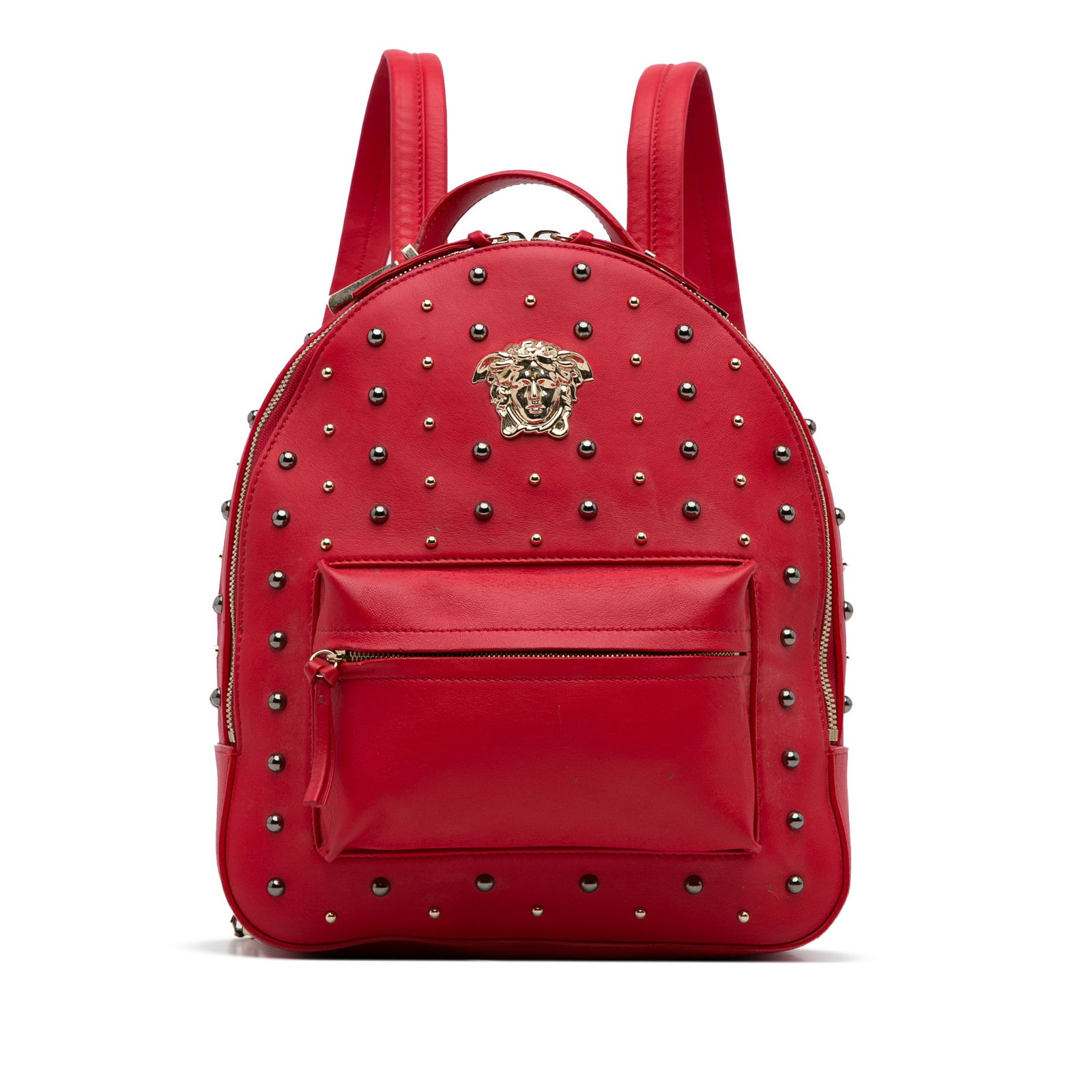 Versace Medusa Studded Backpack: Versace Medusa Studded Backpack This backpack features a leather body with studs a flat top handle a silver-tone chain strap flat back straps a top zip closure a front exterior zip pocket and an inter