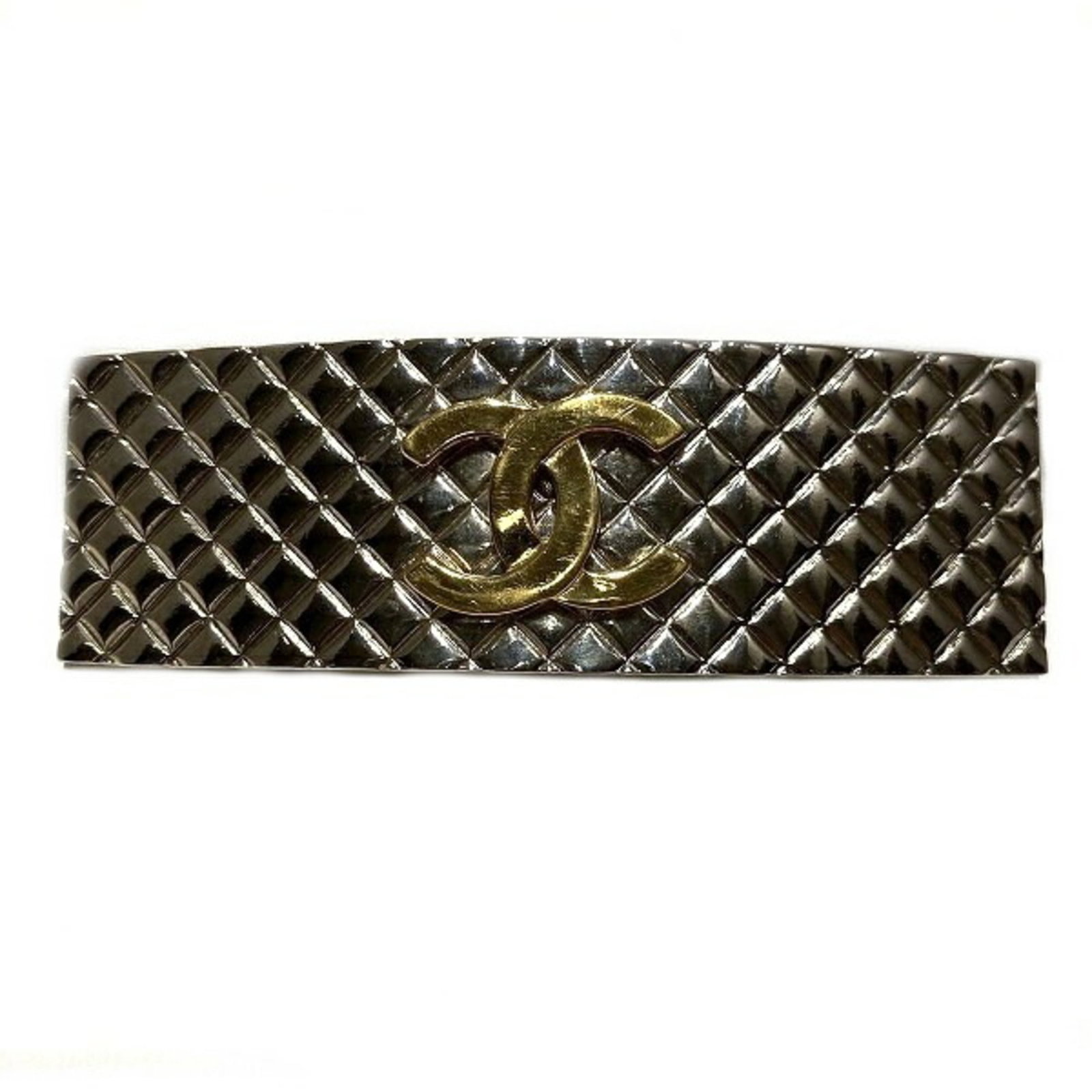 CHANEL Matelasse Cocomark Barrette 98P Brand Accessories Hair Ladies: CHANEL Matelasse Cocomark Barrette 98P Brand Accessories Hair Ladies Brand: Chanel Type: Barrette Gender: Women Color: Gold Silver Material: Alloy Size (LxW): 2.95cm x 9.15cm / 1.16 x 3.6 Condition: U