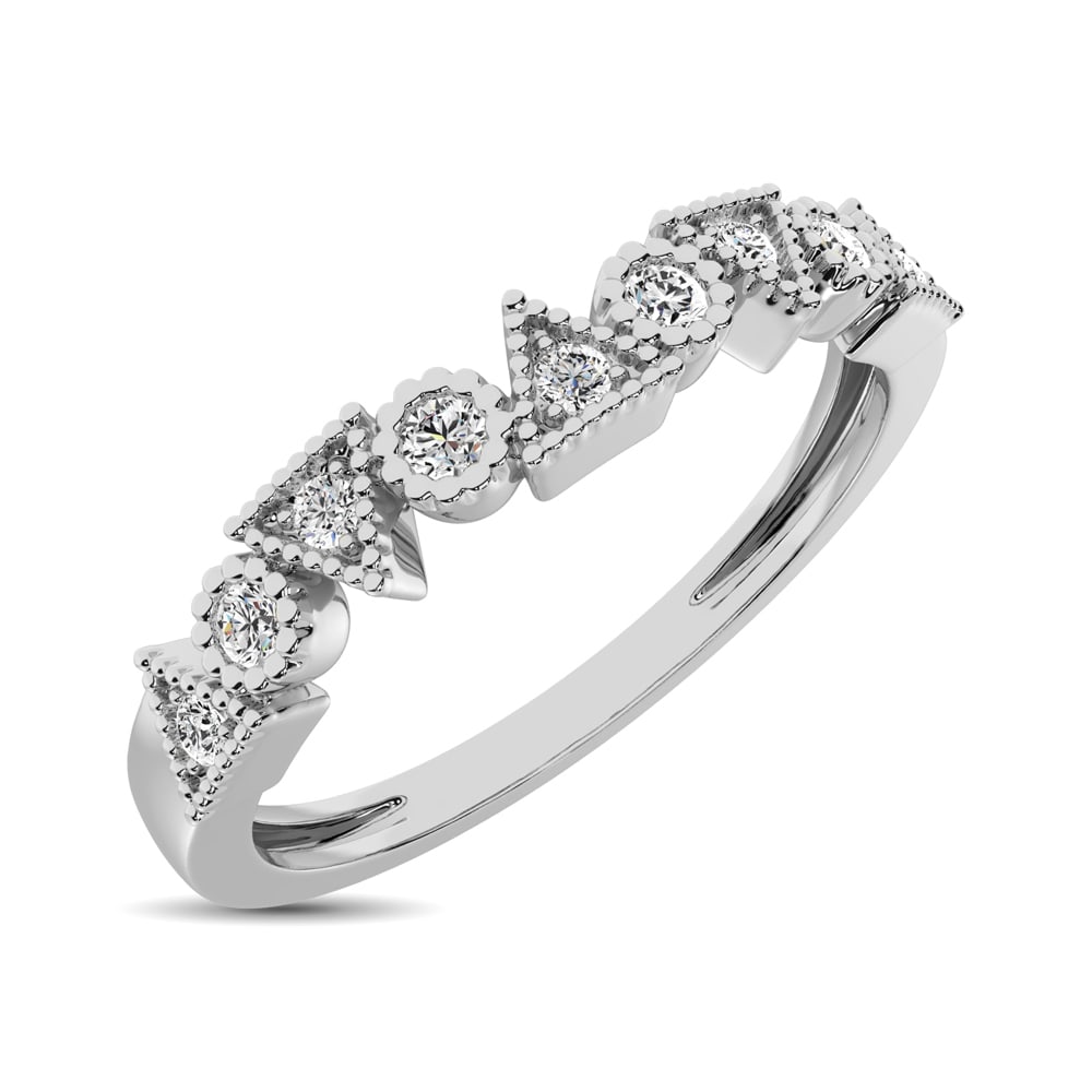 Trigale and Round Shape Diamond 1/10 ctw Band Ring in 14K White Gold: Trigale and Round Shape Diamond 1/10 ctw Band Ring in 14K White Gold Crafted in cool 14K white gold, this feminine choice combines single diamonds in round and trigal-shaped frames for a look th