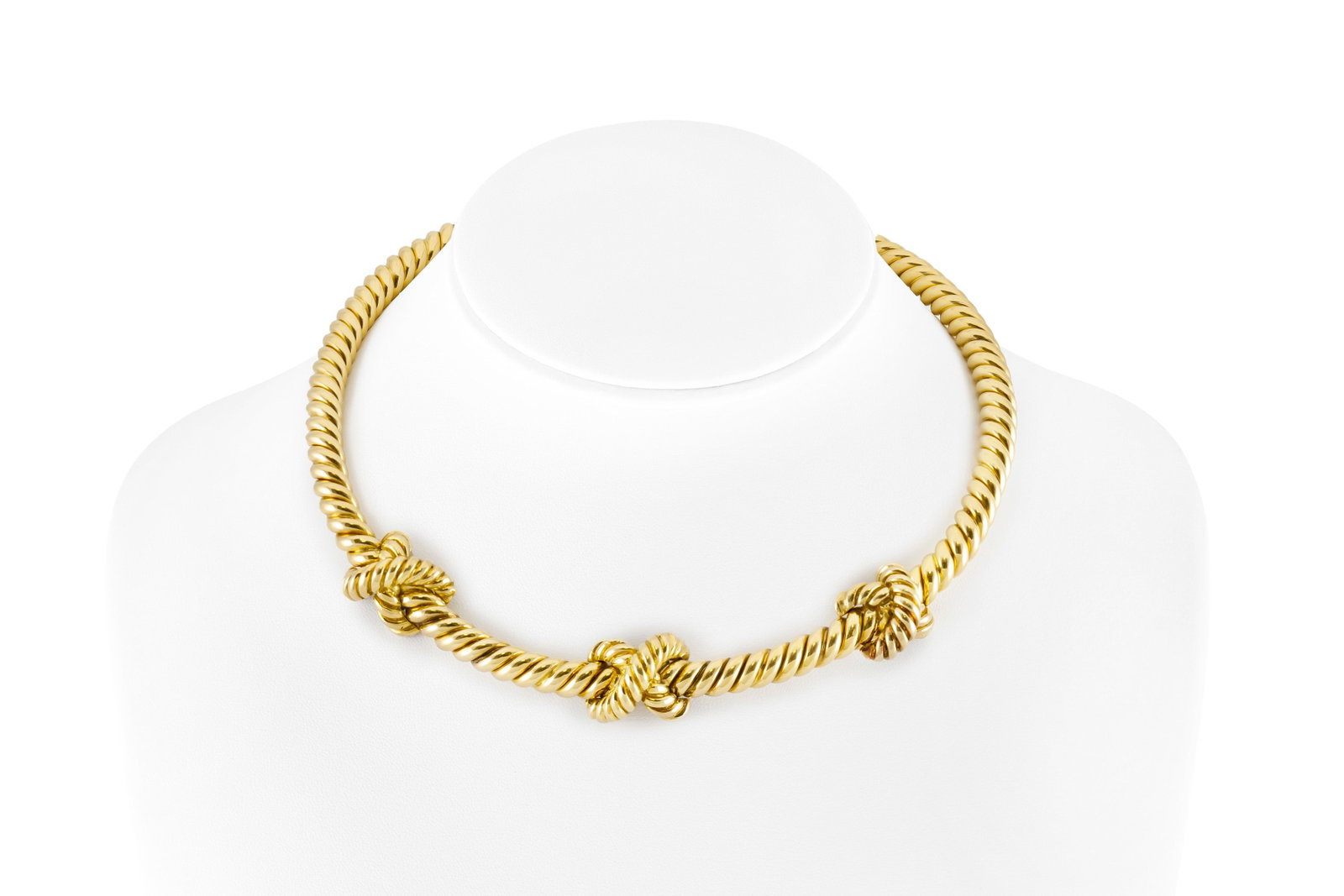 Gold Collar Necklace: Gold Collar Necklace Italian necklace with knots finely crafted in 18 karat yellow gold weighing 49.6 DWT. Circa 1980. The BIDHAUS Guarantee: All items in this auction are guaranteed to be 100% authen