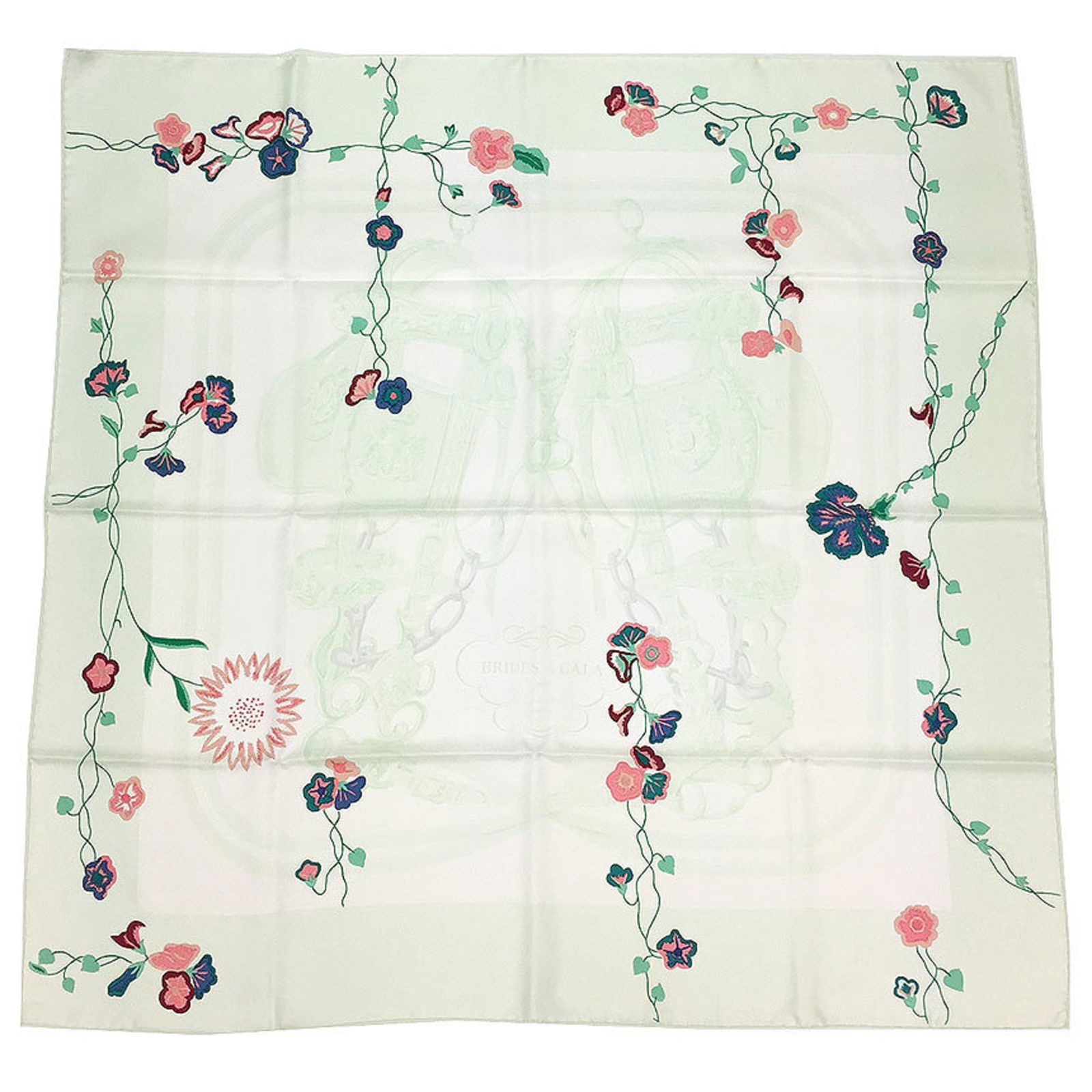 HERMES Scarf Muffler Carre 90 BRIDES de GALA par Flower Embroidery Print Light Green: HERMES Scarf Muffler Carre 90 BRIDES de GALA par Flower Embroidery Print Light Green Brand: Hermes Country of Origin: France Type: Scarf Gender: Women Color: Light green Material: Silk100% Silk: 100%