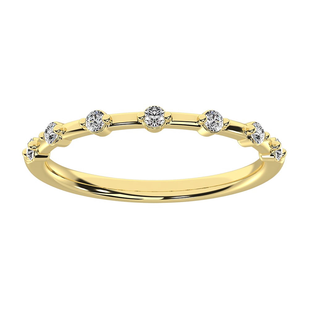 14K Yellow Gold 1/10 Ct.Tw. Diamond Stack Bands: 14K Yellow Gold 1/10 Ct.Tw. Diamond Stack Bands Metal: 14k Yellow Gold Sizes Avilable: 4,5,6,7,8,9 Stone Count: 7.0 Stone Shape: Round Stone Type: Bezel Stone Color: G-h Stone Clarity: Si3 Stone Weigh