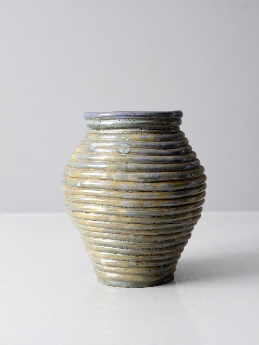 Vintage Studio Pottery Coil Vase: Vintage Studio Pottery Coil Vase Here is a vintage studio pottery coil vase. The hand-crafted vase is signed and dated by the artist. Soft tones of spring green olive and blue sweep across the coiled 
