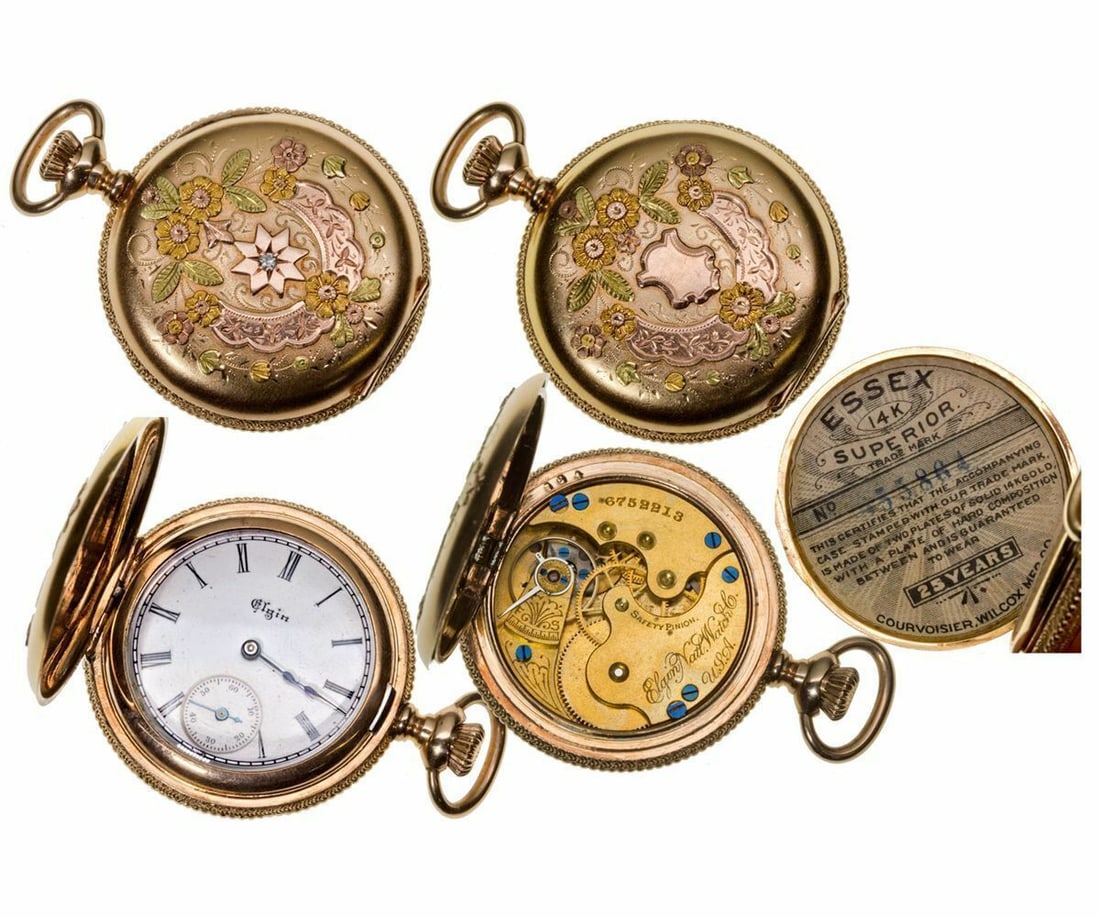 IL Elgin- 0 Size Ladies 14K Multicolored Gold Elgin Pocket Watch with Diamond: IL Elgin- 0 Size Ladies 14K Multicolored Gold Elgin Pocket Watch with Diamond Closure: Full Hunter Movement: Mechanical (Hand-winding) Material: Rose Gold Number Of Jewels: 7 Jewels Vintage: Yes Case