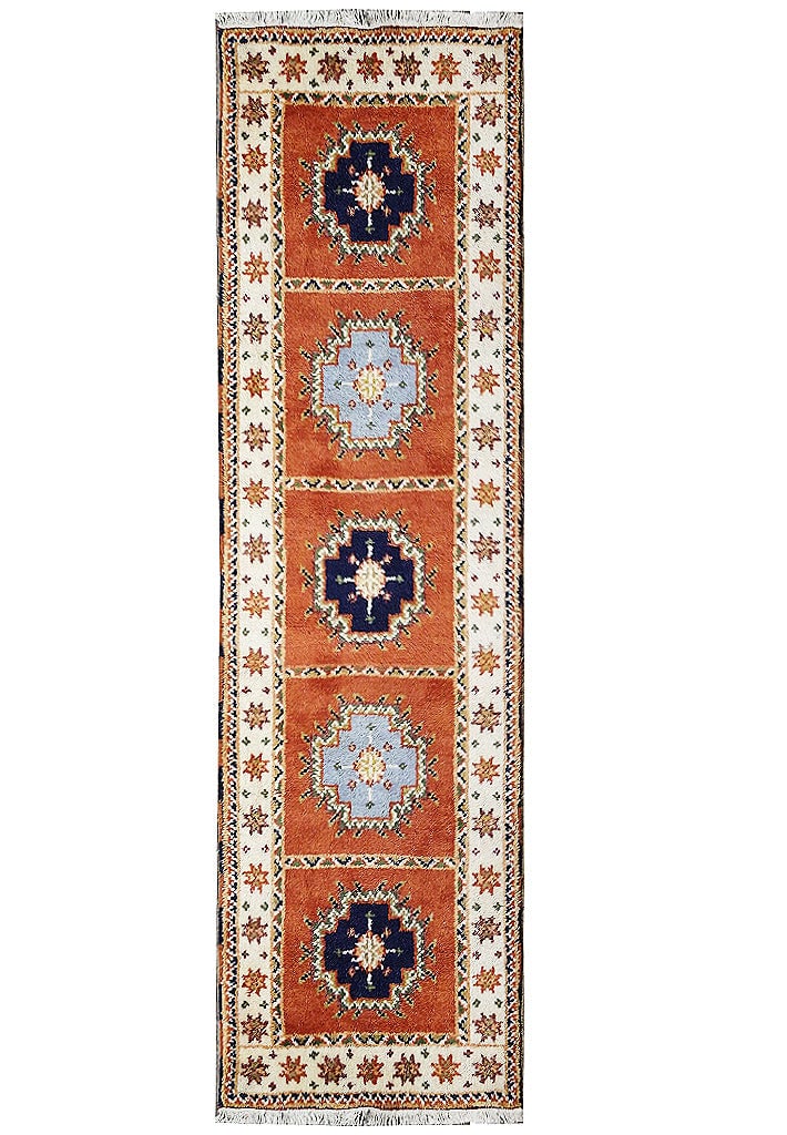 2 x 6 Narrow Hand-Knotted Wool Runner Area Rug: 2 x 6 Narrow Hand-Knotted Wool Runner Area Rug Free continental US Shipping Size in Feet: Width: 2.3 x Length: 6.6 Size in Inches: Width: 27 in x Length: 78 in Rug Type: Area Rug Colors: Rust Ivory Bl