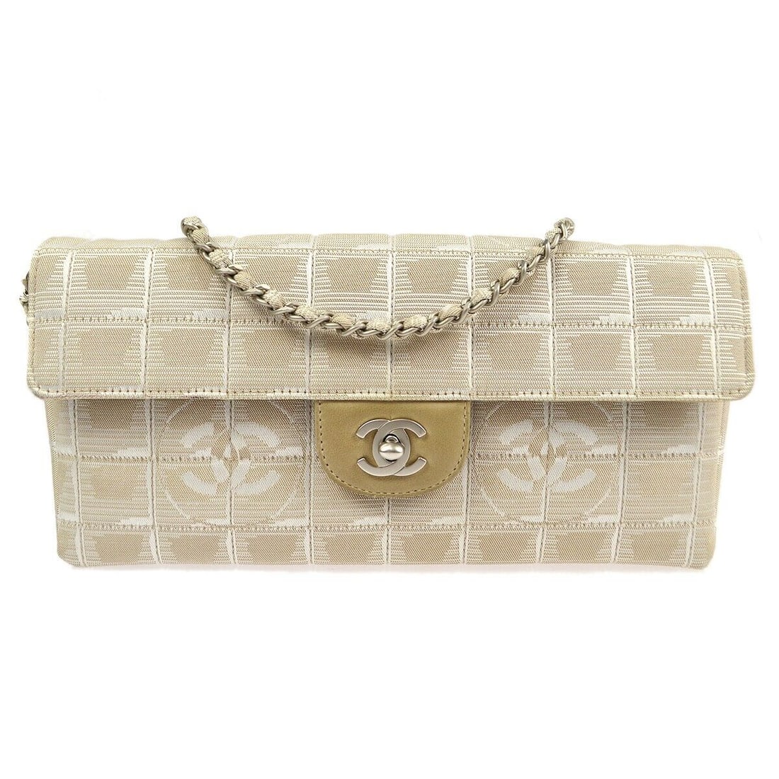 Chanel Beige Jacquard Nylon East West Travel Line Shoulder Bag: Chanel Beige Jacquard Nylon East West Travel Line Shoulder Bag Bag Width: 10 in Pattern: Quilted Bag Height: 5 in Closure: Flap Turnlock Occasion: Casual Size: Medium Lining Material: Satin Bag Depth: