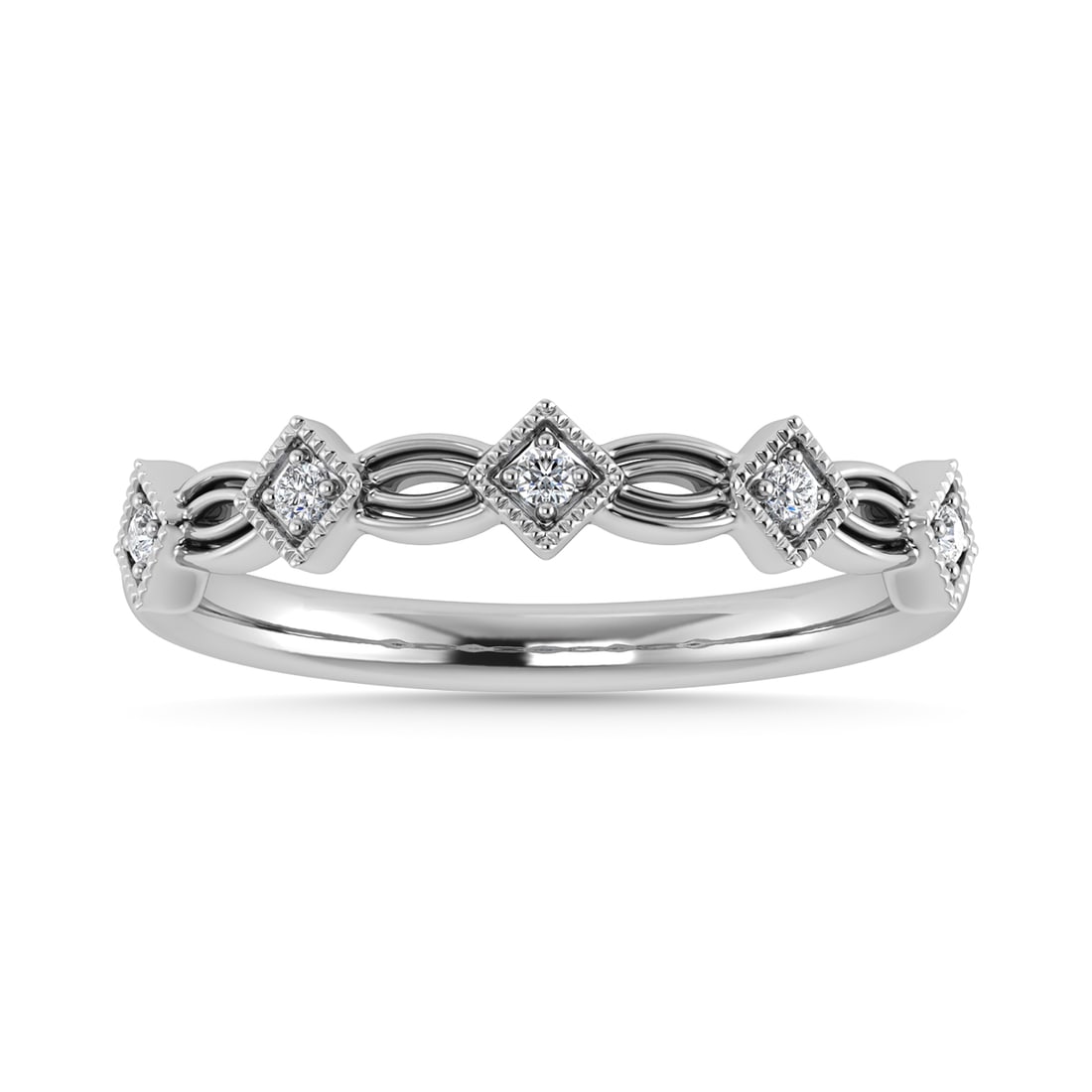Diamond 1/20 Ct.Tw. Stack Band in 10K White Gold: Diamond 1/20 Ct.Tw. Stack Band in 10K White Gold Metal: 10k White Gold Sizes Avilable: 4,5,6,7,8,9 Stone Count: 5.0 Stone Shape: Round Stone Type: Diamond Stone Color: G-h Stone Clarity: I1 Stone Weig