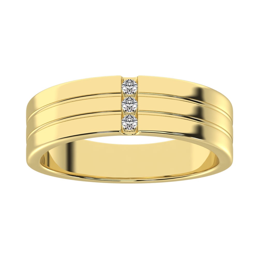 Diamond 1/10 Ct.Tw. Mens Machine Band in 10K Yellow Gold: Diamond 1/10 Ct.Tw. Mens Machine Band in 10K Yellow Gold Metal: 10k Yellow Gold Sizes Avilable: 9,10,11,12 Stone Count: 3.0 Stone Shape: Round Stone Type: Diamond Stone Color: G-h Stone Clarity: Si3 S