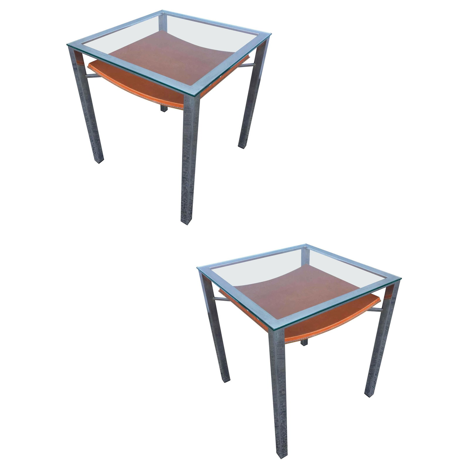 Chrome Tubular Glass Top Side Table with Leather Wrapped Magazine Rack: Chrome Tubular Glass Top Side Table with Leather Wrapped Magazine Rack Dimensions: Height: 22 in (55.88 cm)Width: 19.75 in (50.17 cm)Depth: 19.75 in (50.17 cm) Sold As: Set of 2 Style: Modern (Of the 